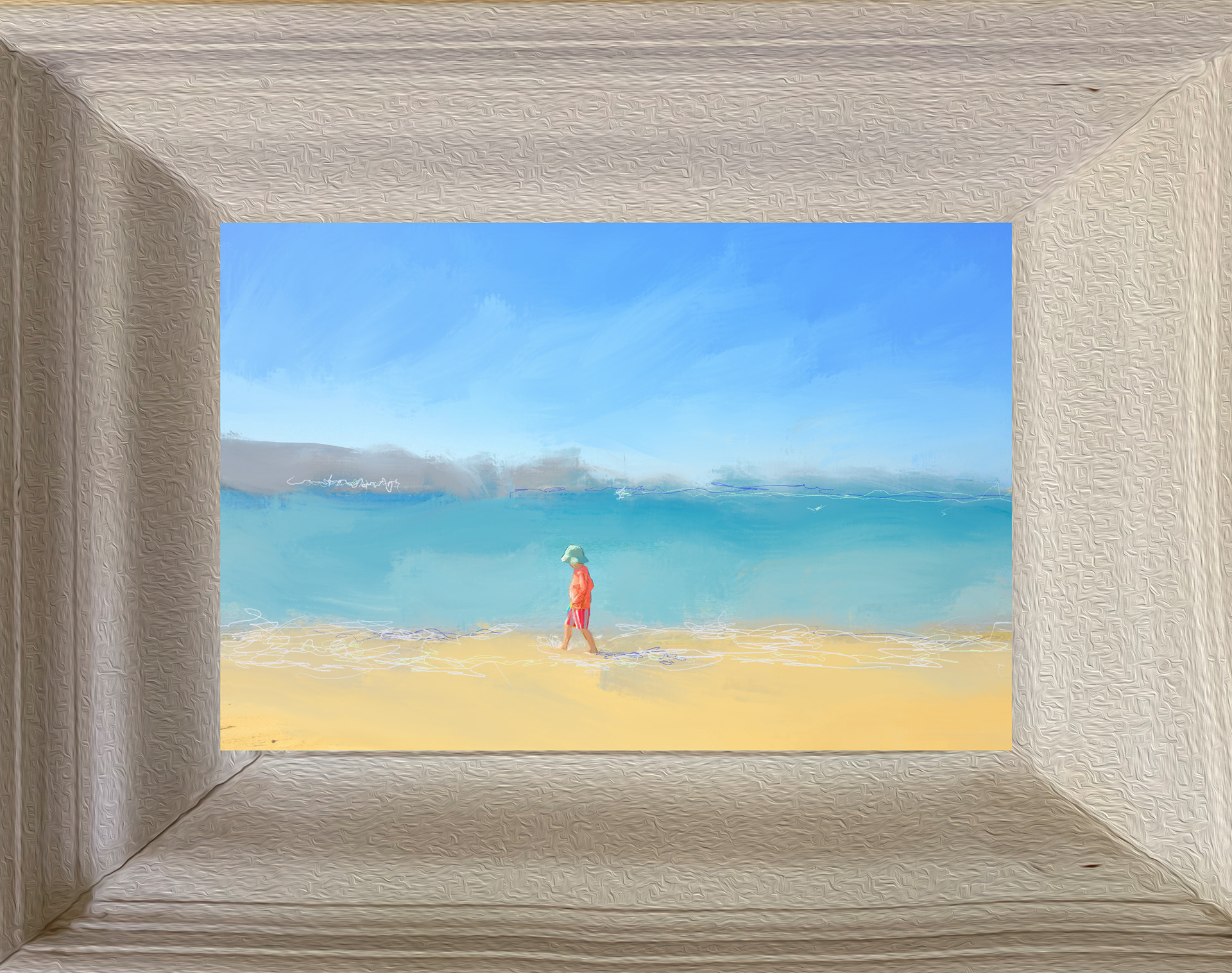 Diptych of a young boy on a Greek beach and a tropical storm in the Bahamas. from the Gods and Monsters series by visual artist Richard Rosenbaum