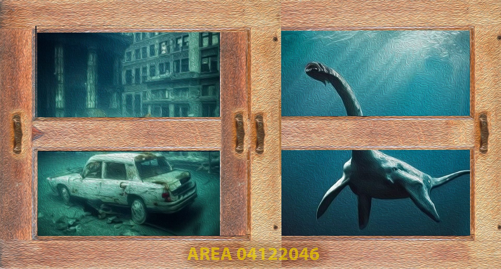 Diptych painting showing an abandoned car submerged underwater and a mystical view of the Loch Ness Monster, from the Gods & Monsters series. by visual artist Richard Rosenbaum
