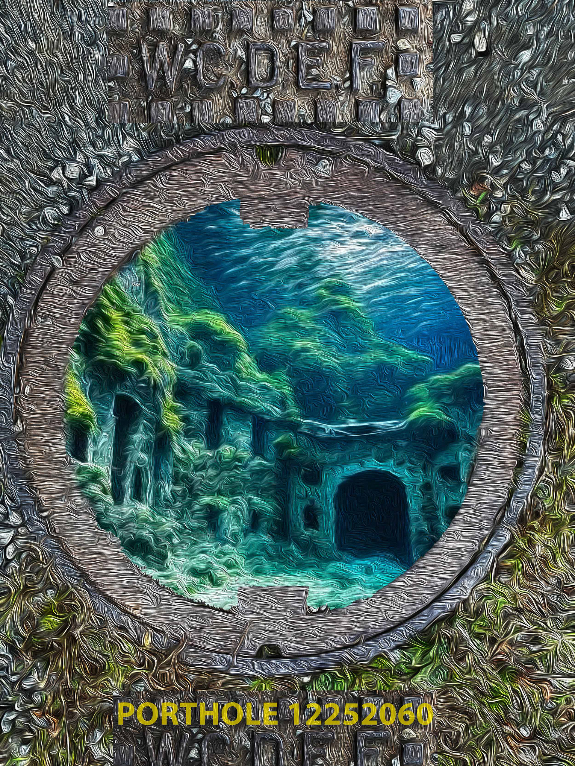 Digital diptych showing an underwater abandoned apartment building and a porthole of a mutated octopus. from the Gods and Monsters series by visual artist Richard Rosenbaum