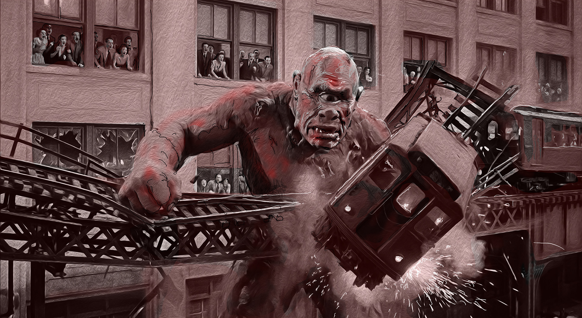 Painting titled Tenth Avenue Freeze Out, with a Cyclops knocking over a subway in 1930s New York. from the Gods and Monsters series by visual artist Richard Rosenbaum