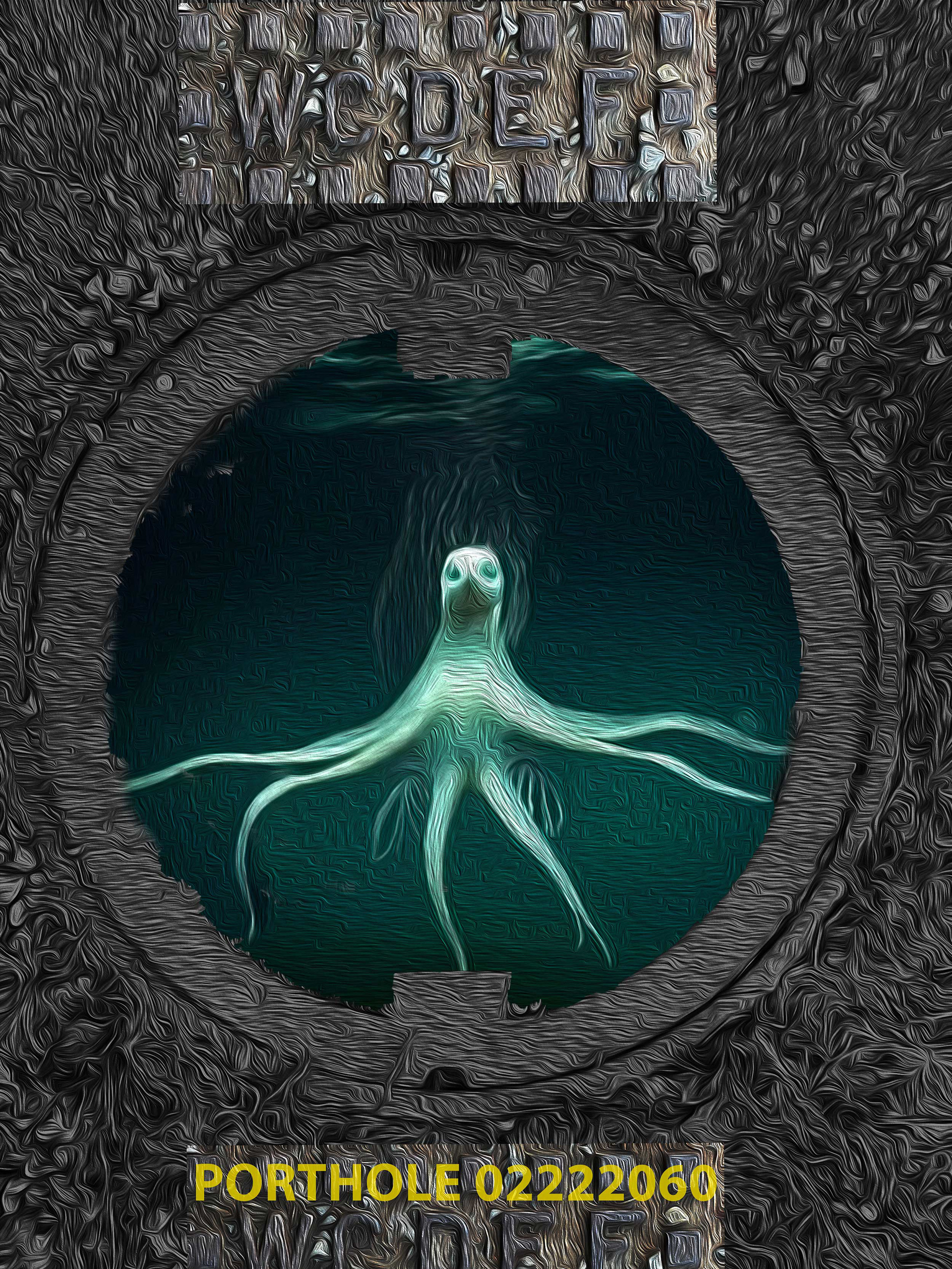 Digital diptych showing an underwater abandoned apartment building and a porthole of a mutated octopus. from the Gods and Monsters series by visual artist Richard Rosenbaum