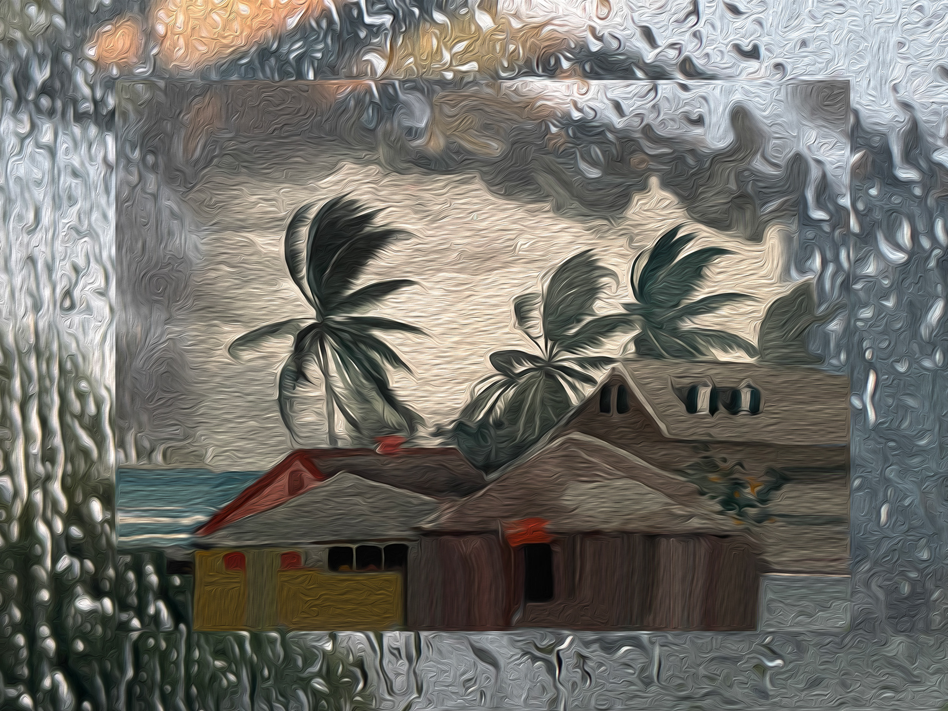 Diptych of a young boy on a Greek beach and a tropical storm in the Bahamas. from the Gods and Monsters series by visual artist Richard Rosenbaum