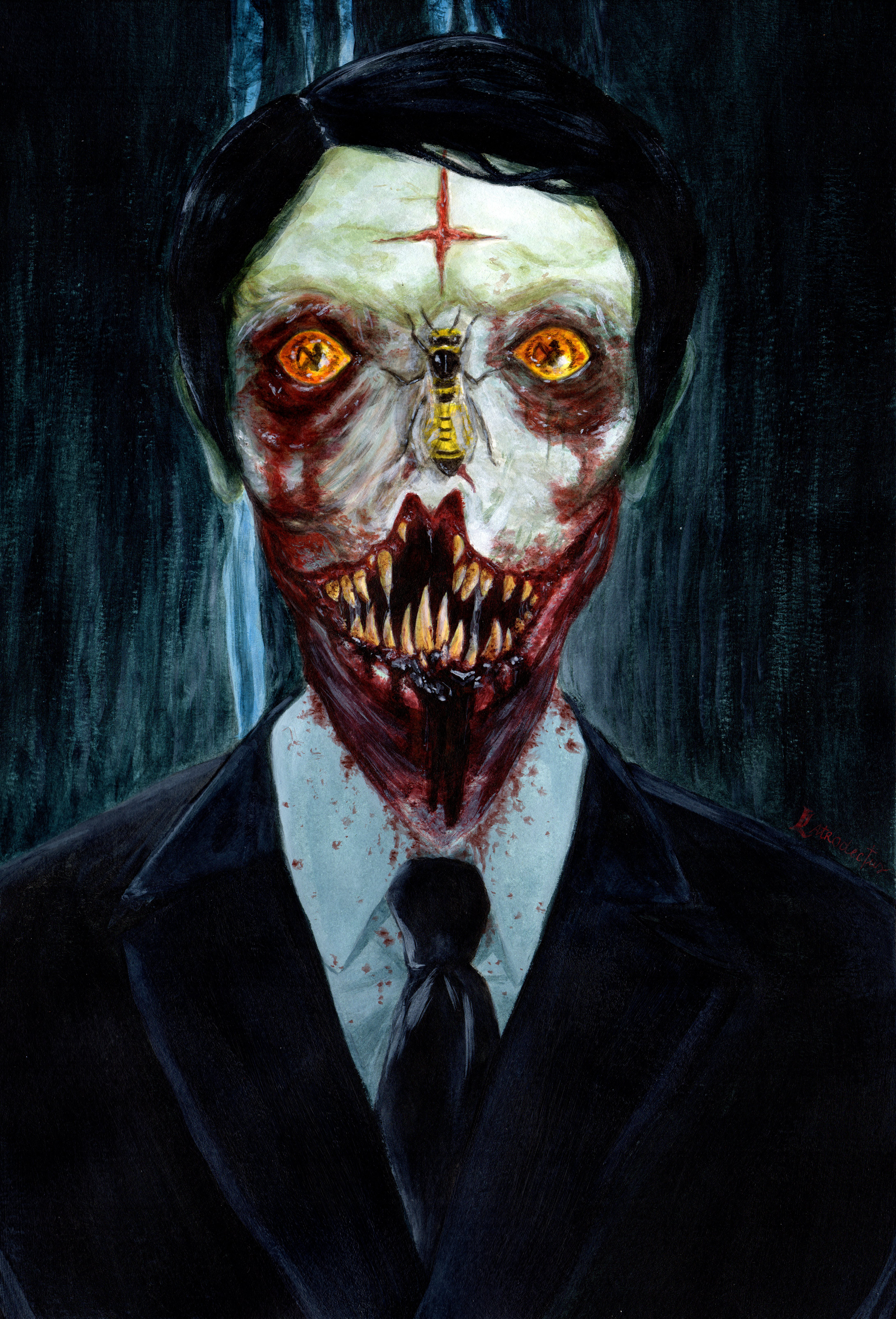 Illustrazione in formato A4 - acrilico su cartoncino - basata sul racconto di Stephen King "L'uomo vestito di nero". L'illustrazione rappresenta il mostro, protagonista del racconto, mentre osserva deliziato la sua preda (il "piccolo pescatore").
