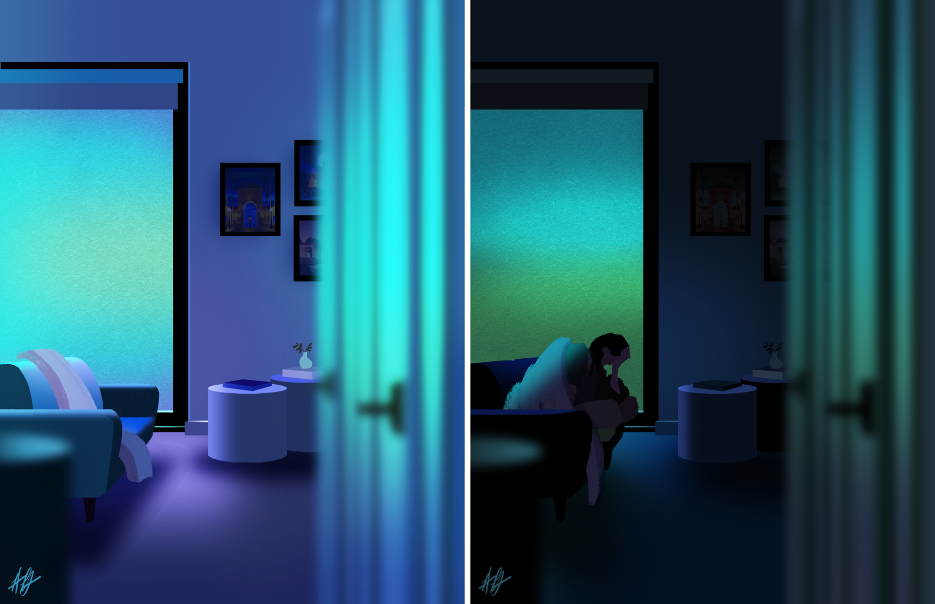 Living room, 7:39pm and 8:18pm
