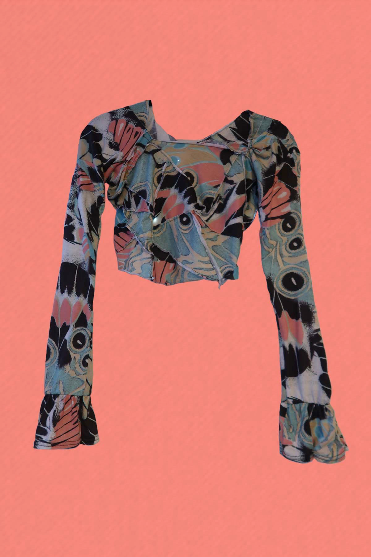I chopped a thrifted dress into random triangles. Turns out, it is extremely difficult to just piece together a bunch of miscellaneous shapes expecting it to work out with no pattern. After way longer than needed, here is the end result.