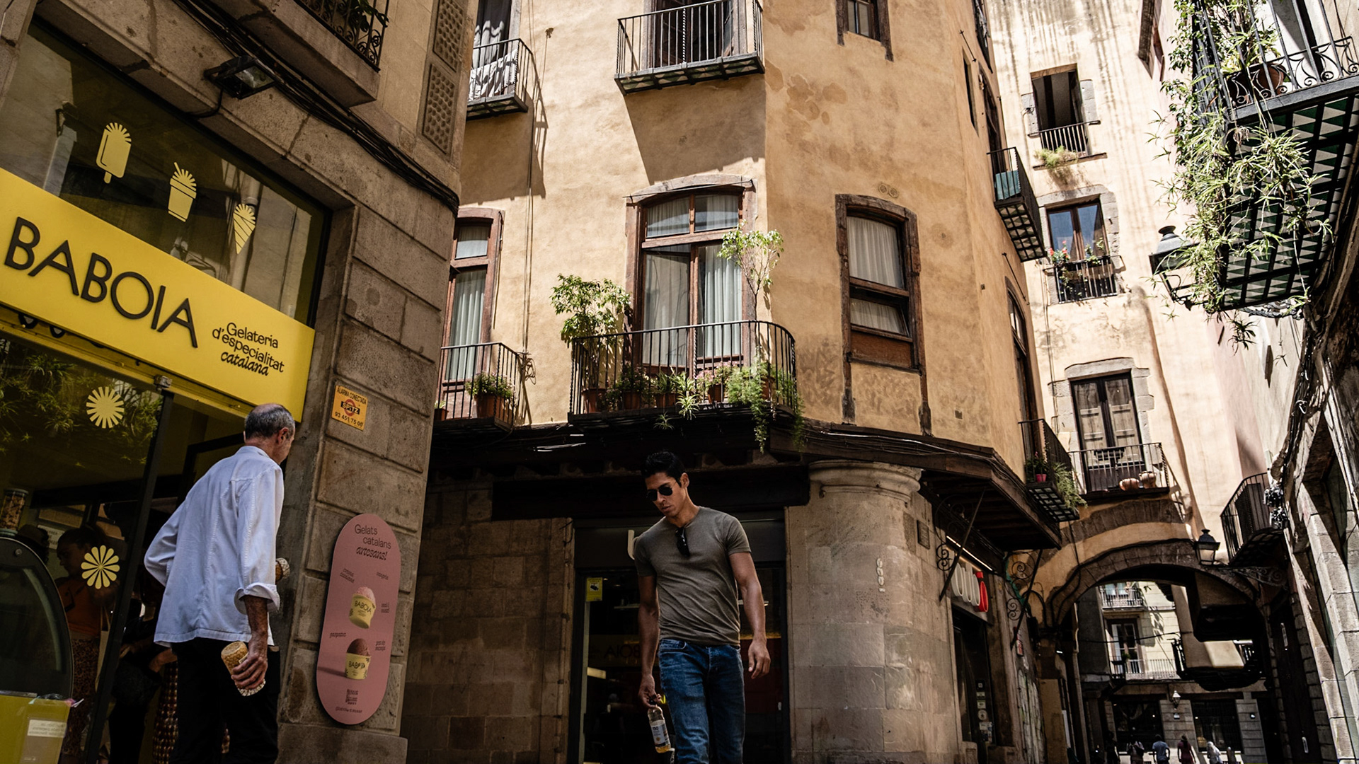 Beautiful centuries-old residential buildings in El Born district in Barcelona