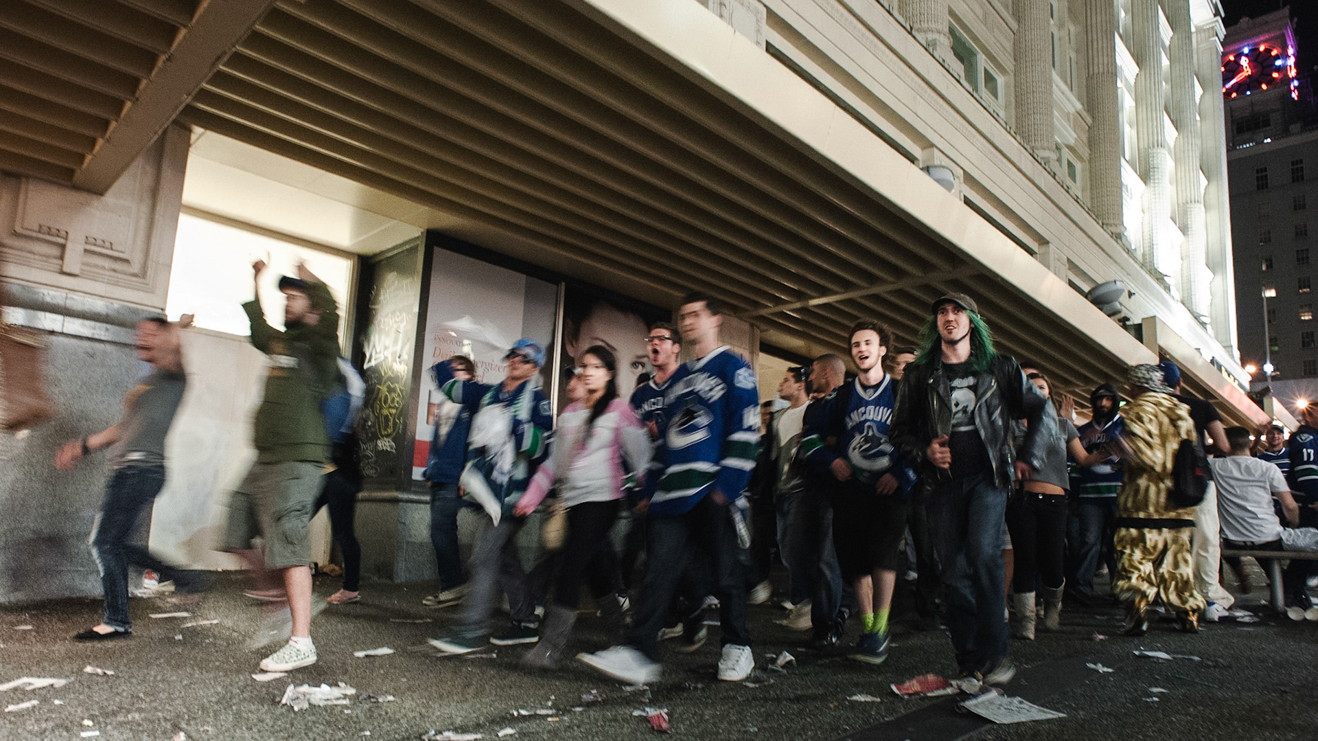 Crowds of Canucks funs on Granville Street celebrating 1:0 win against the Boston Bruins in a fight for the Stanley Cup prize. Ultimately, the hometown team lost the 2011 series which resulted in massive riots in Vancouver.
