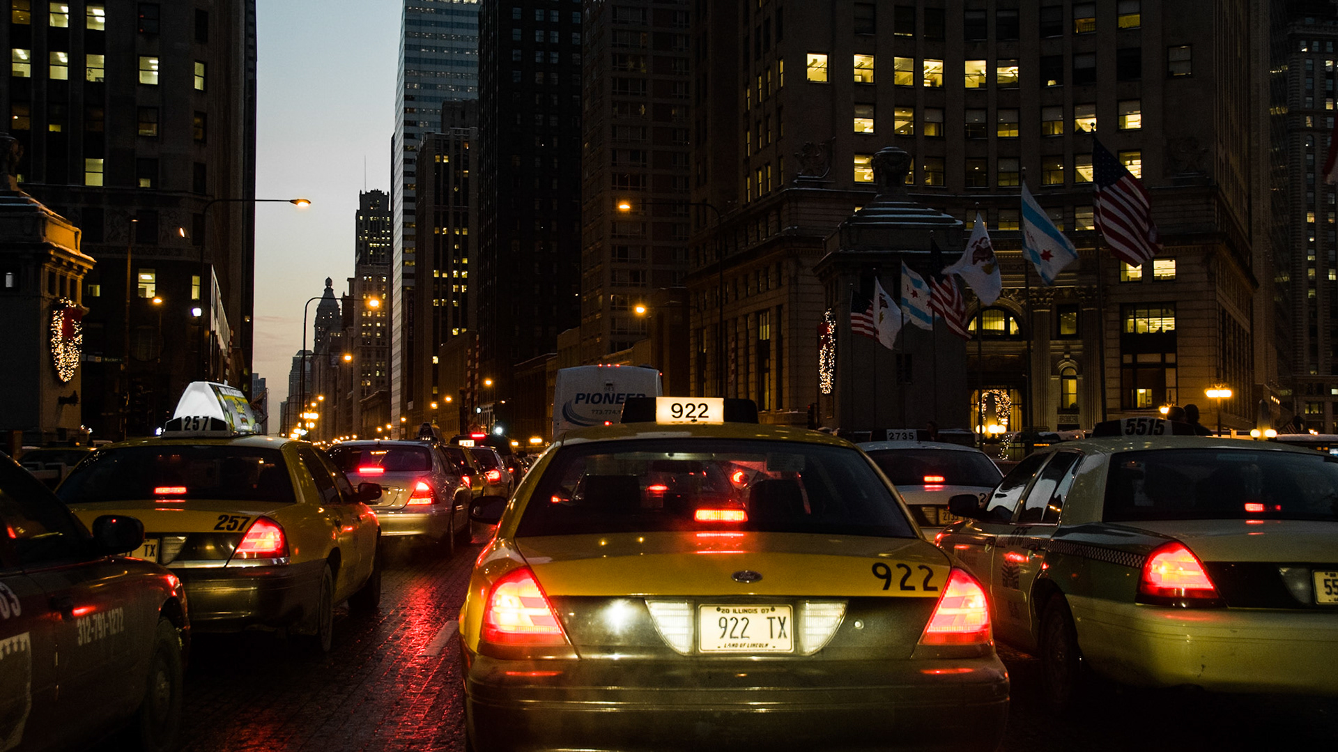 Taxi cabs stuck in daily south-bound traffic jam on State Street in Chicago.