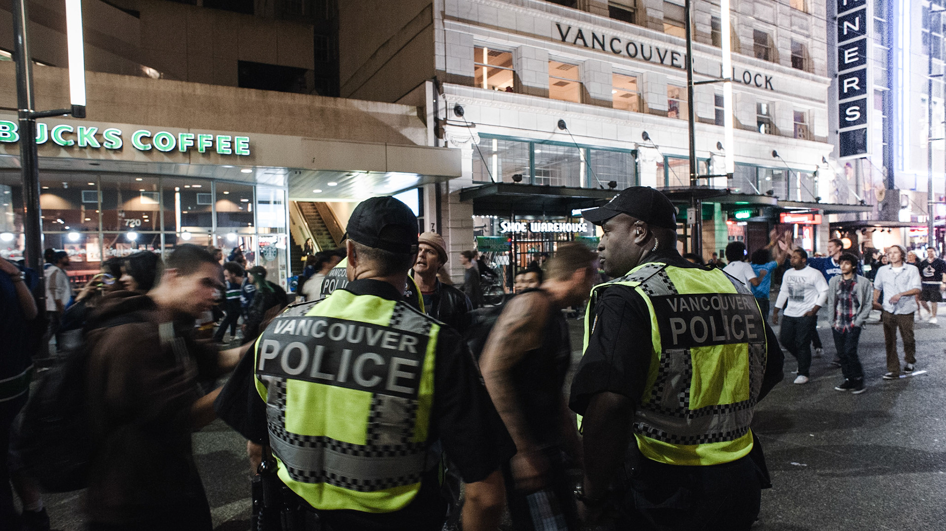 Crowds of Canucks funs on Granville Street celebrating 1:0 win against the Boston Bruins in a fight for the Stanley Cup prize. Ultimately, the hometown team lost the 2011 series which resulted in massive riots in Vancouver.