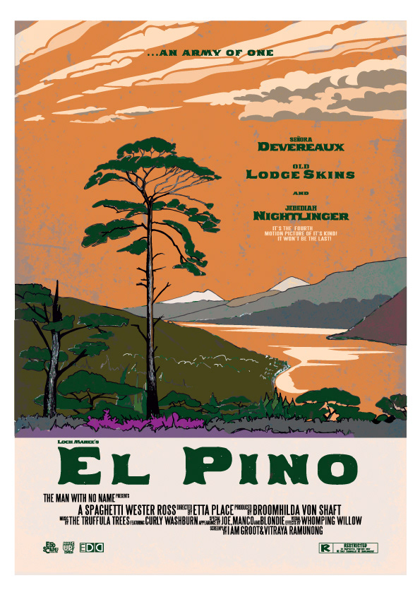 El Pino - Loch Maree, Wester Ross,  The highlands, Scotland, Movie Poster Art, Giclee Print, Wall Art, made up movies,  pop culture, local history, landmarks, Scots pine tree