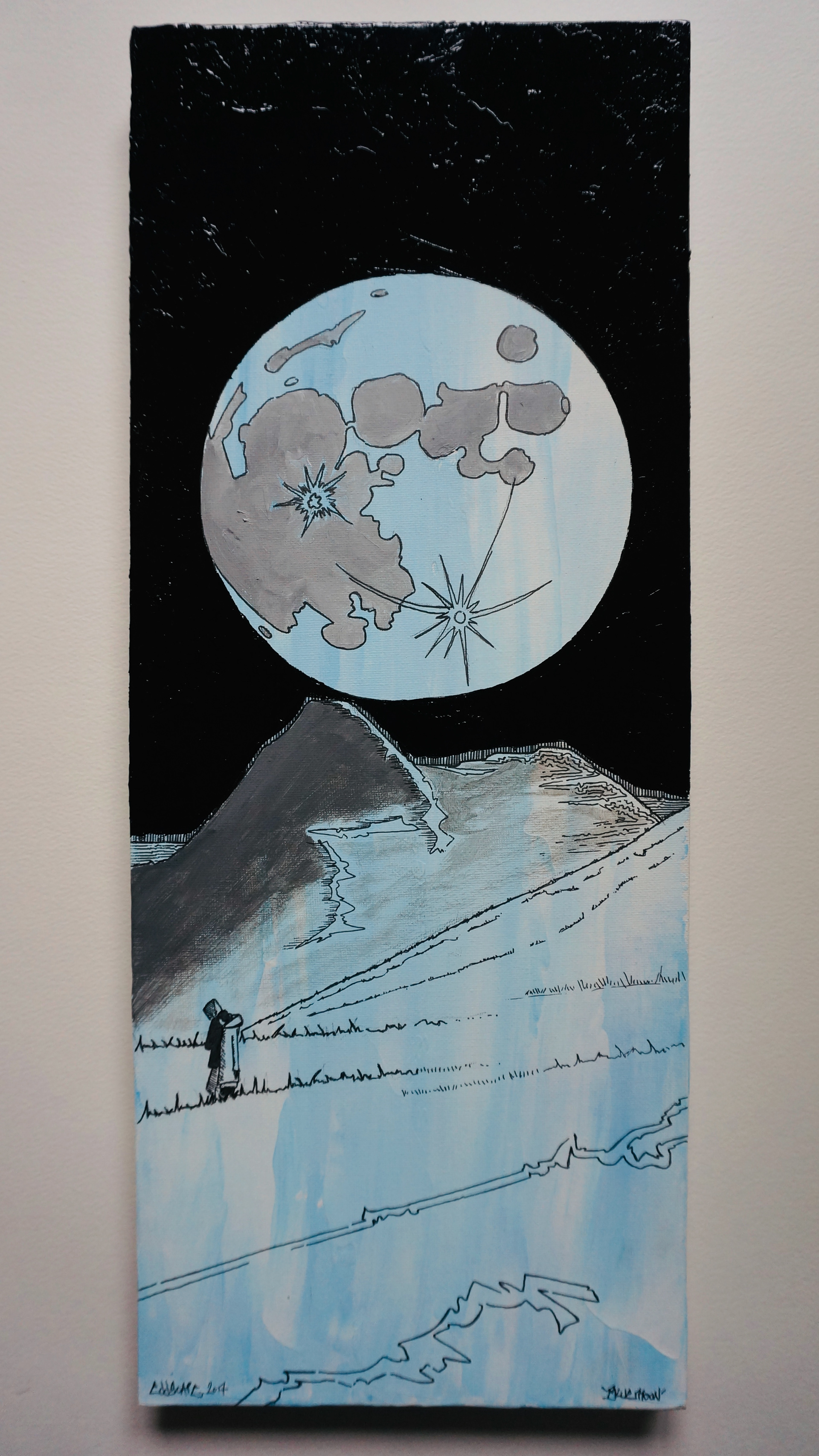 Blue Moon - Holyrood Park, Edinburgh, Mixed media paintings on canvas board, Scotland, Gloss Paint, texture, pen drawing