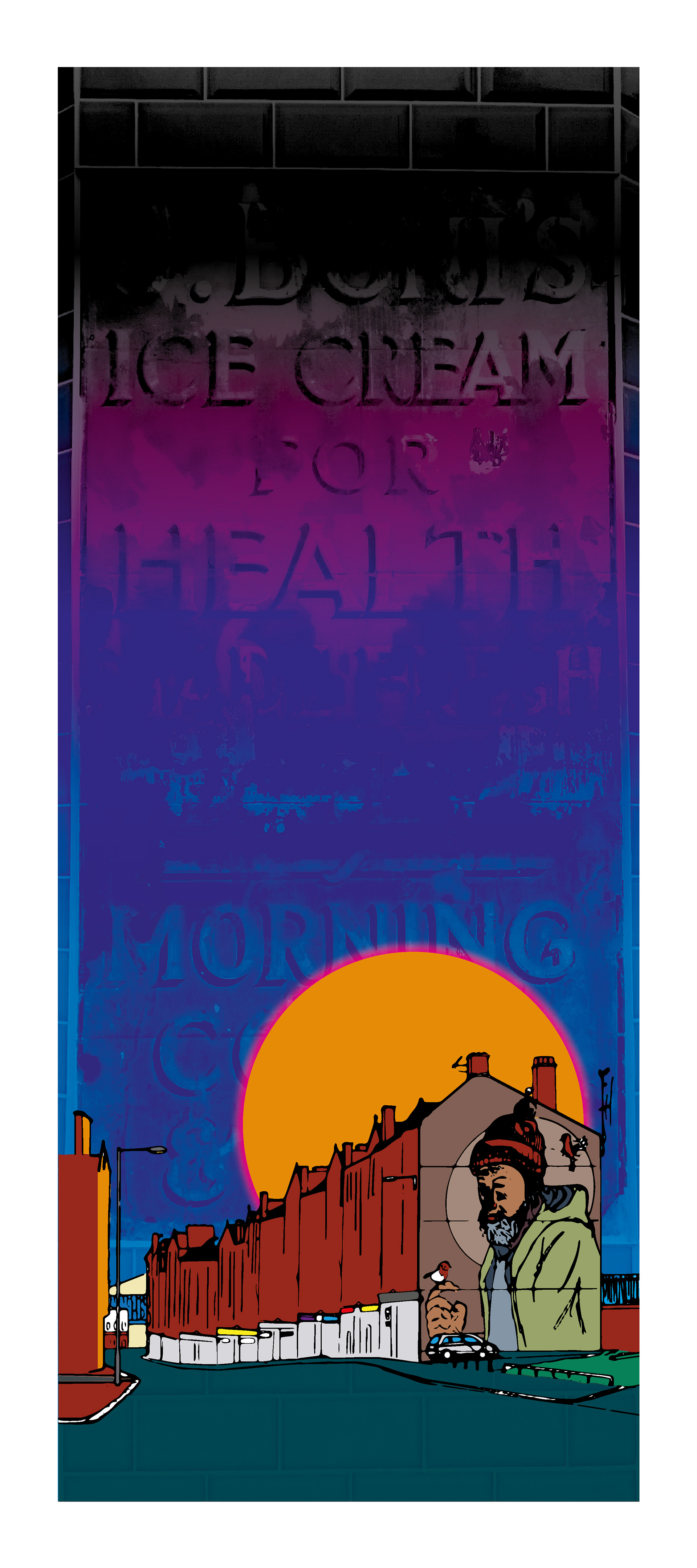 High St & St Mungo - Glasgow, Scotland. Mixed-media wall art print. Eddscape Creates, Vertorama, Cityscape, street art, tenements, sunset, old shop sign