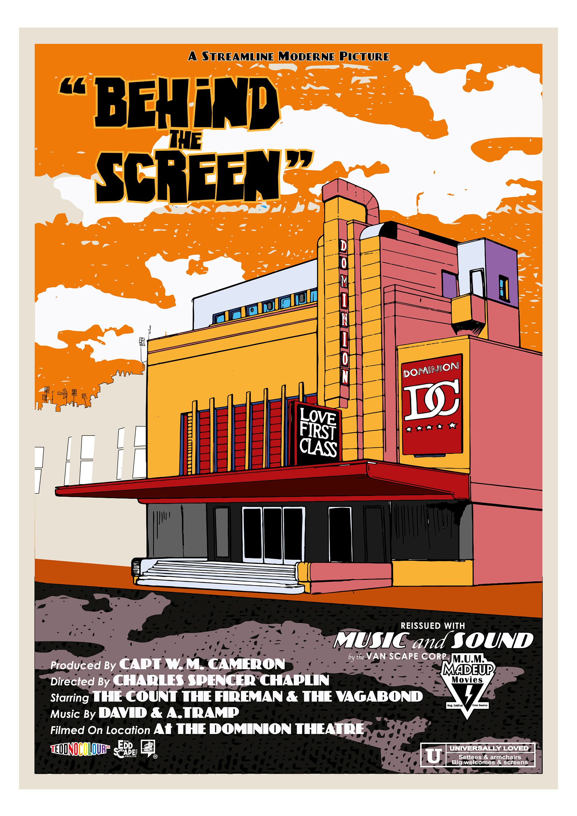 Behind The Screen - The Dominion Cinema, Edinburgh, Edinburgh, Scotland, Movie Poster Art, Giclee Print, Wall Art, made up movies, pop culture, local history, landmarks, Charlie Chaplin
