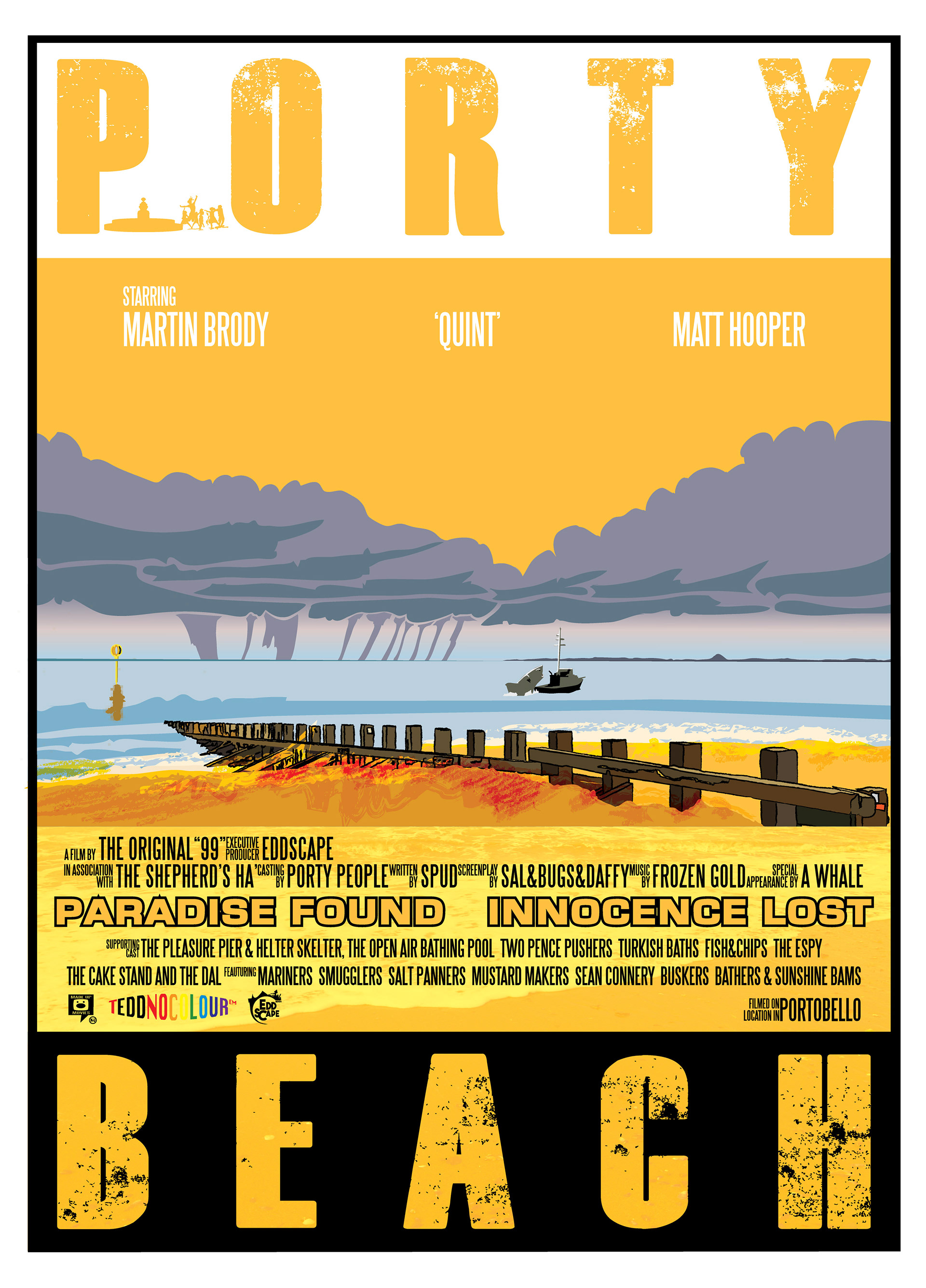 Porty Beach - Portobello, Edinburgh, Edinburgh, Scotland, Movie Poster Art, Giclee Print, Wall Art, made up movies, pop culture, local history, landmarks, beach, jaws,
