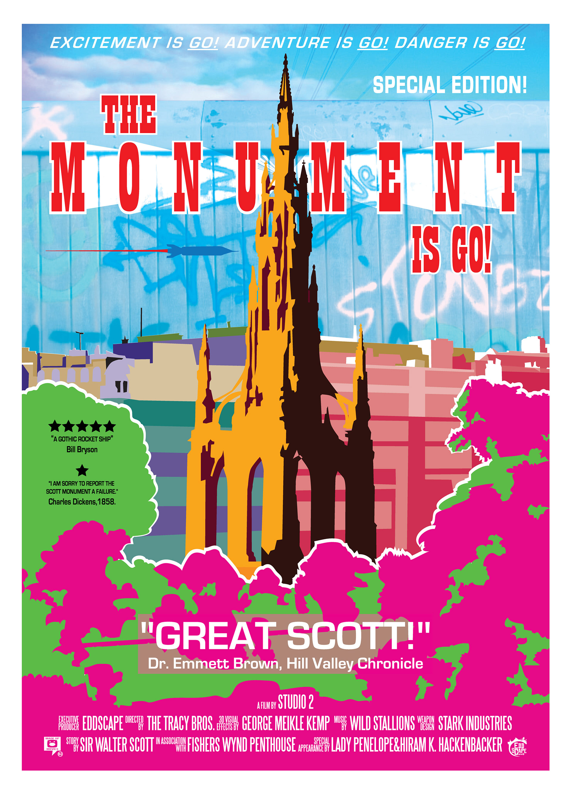 The Monument Is Go! - The Scott Monument, Edinburgh, Edinburgh, Scotland, Movie Poster Art, Giclee Print, Wall Art, made up movies,  pop culture, local history, landmarks, thunderbirds