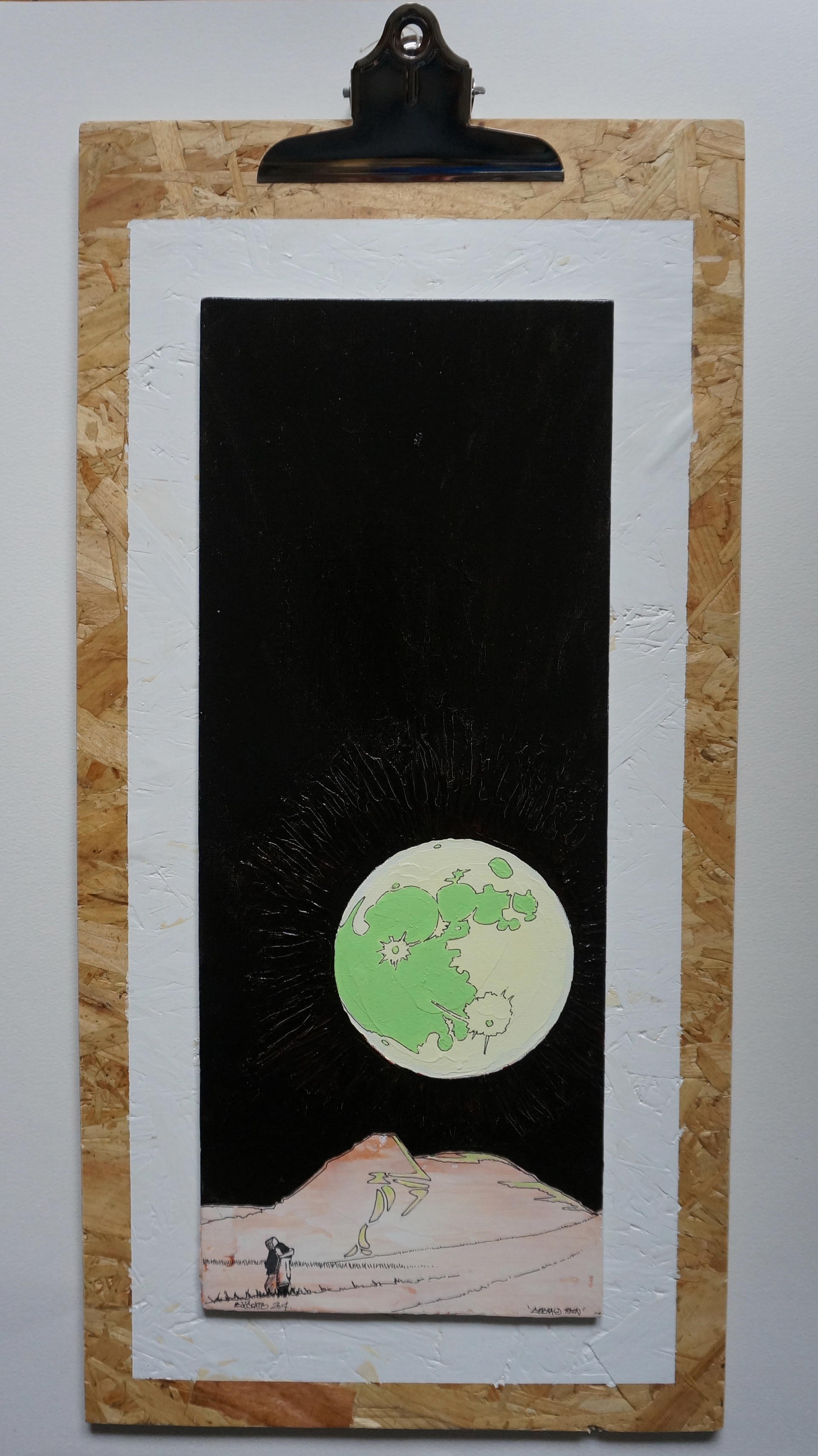 Emerald Moon - Holyrood Park, Edinburgh, Mixed media paintings on canvas board, Scotland, Gloss Paint, texture, pen drawing