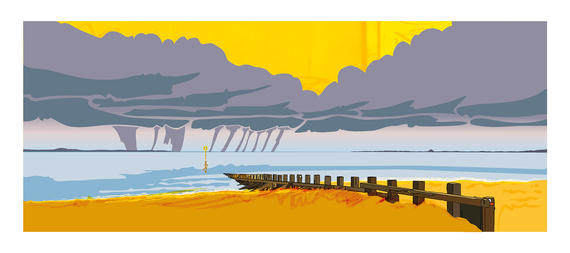 Porty Rain - Portobello, Edinburgh, Scotland. Mixed-media wall art print. Eddscape Creates, panorama, lanscape, sand, rain, the forth