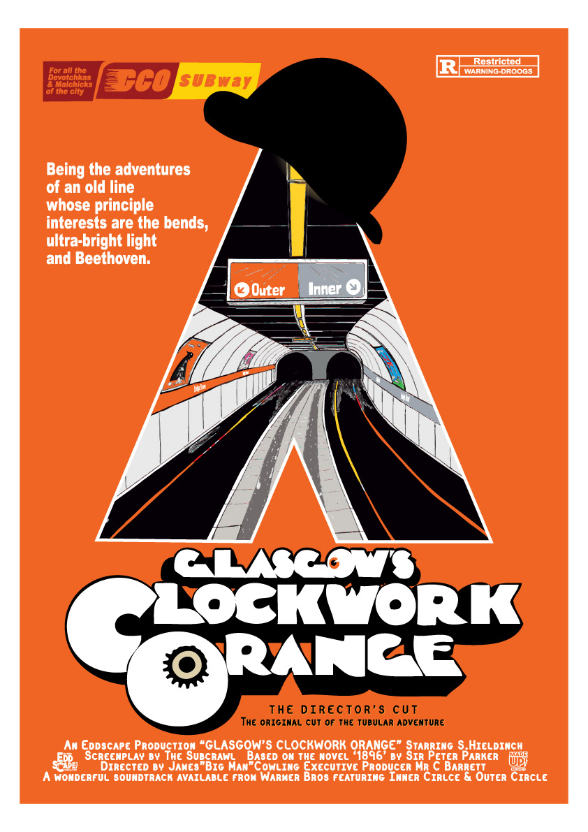 Glasgow's Clockwork Orange - The subway, Glasgow, Edinburgh, Scotland, Movie Poster Art, Giclee Print, Wall Art, made up movies, pop culture, local history, landmarks