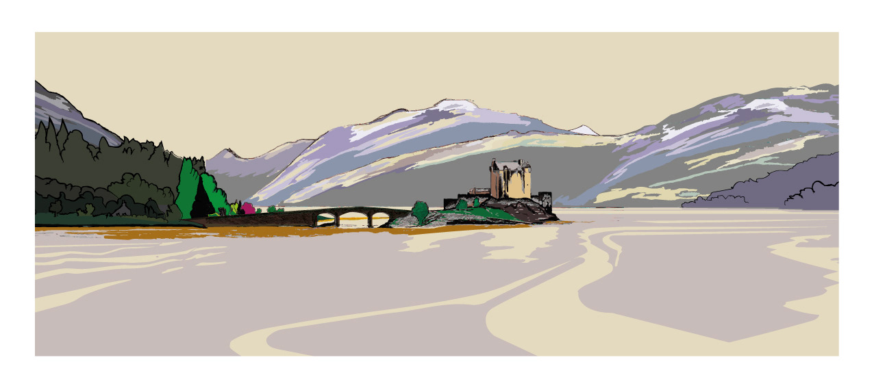 Castle On The Water - Eilan Donnan Castle, West Coast, Scotland. Mixed-media wall art print. Eddscape Creates, panorama, lanscape, sea lochs, mountains, highlands, bridge