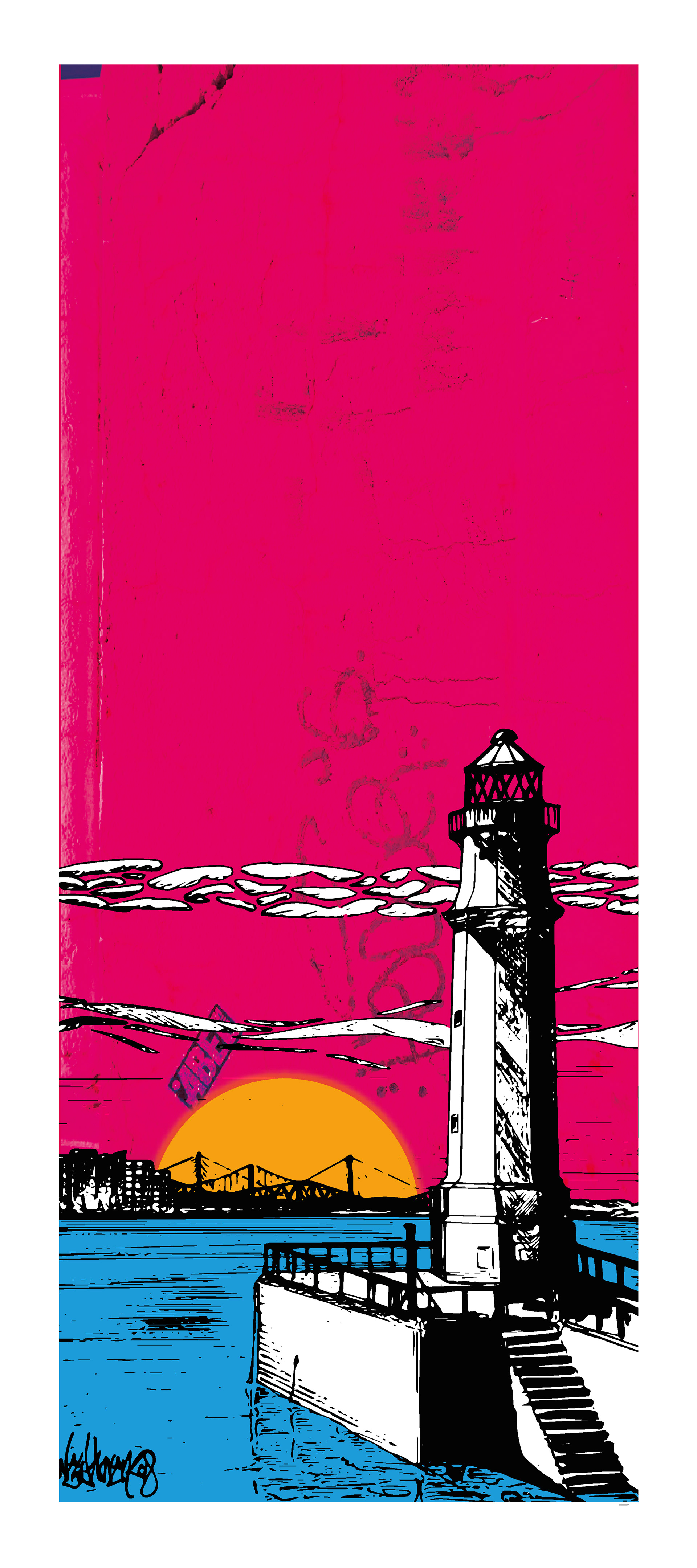 Lighthouse & Bridges - Newhaven, Edinburgh, Scotland. Mixed-media wall art print. Eddscape Creates, Vertorama, Cityscape, sunset, river forth