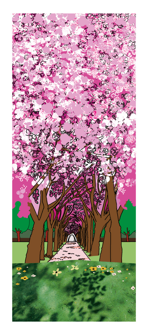 The Meadows Blossom, Edinburgh, Scotland. Mixed-media wall art print. Eddscape Creates, Vertorama, Cityscape, cherry trees, whale bone arch
