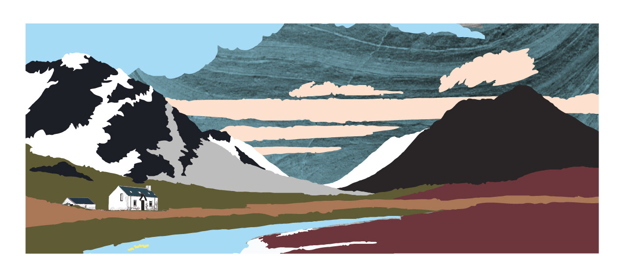 Glen Coe Cottage - The highlands, Scotland. Mixed-media wall art print. Eddscape Creates, lanscape, the great glen, three sisters, panorama, lanscape