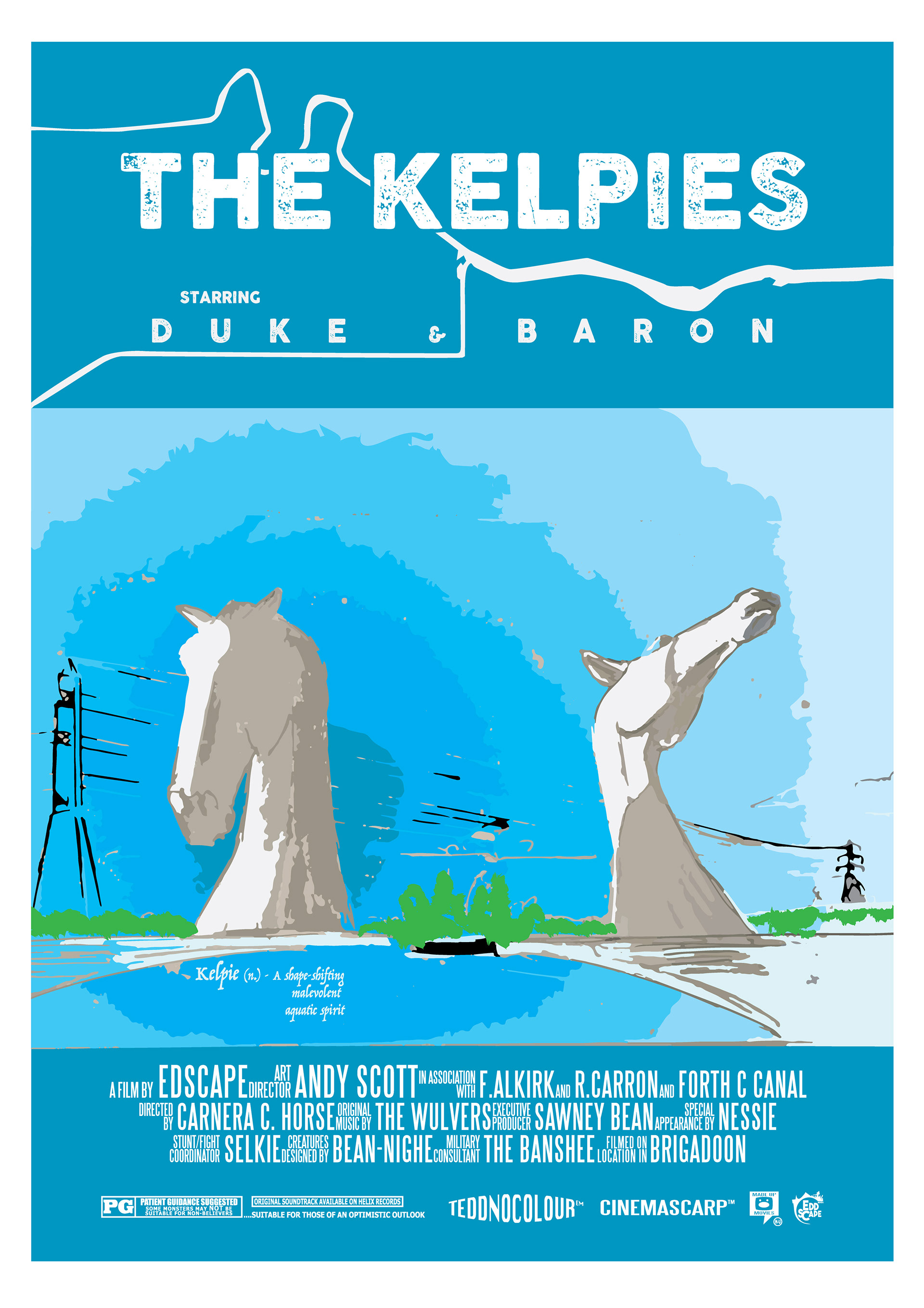 The Kelpies - Falkirk, Scotland, Movie Poster Art, Giclee Print, Wall Art, made up movies,  pop culture, local history, landmarks, horses,