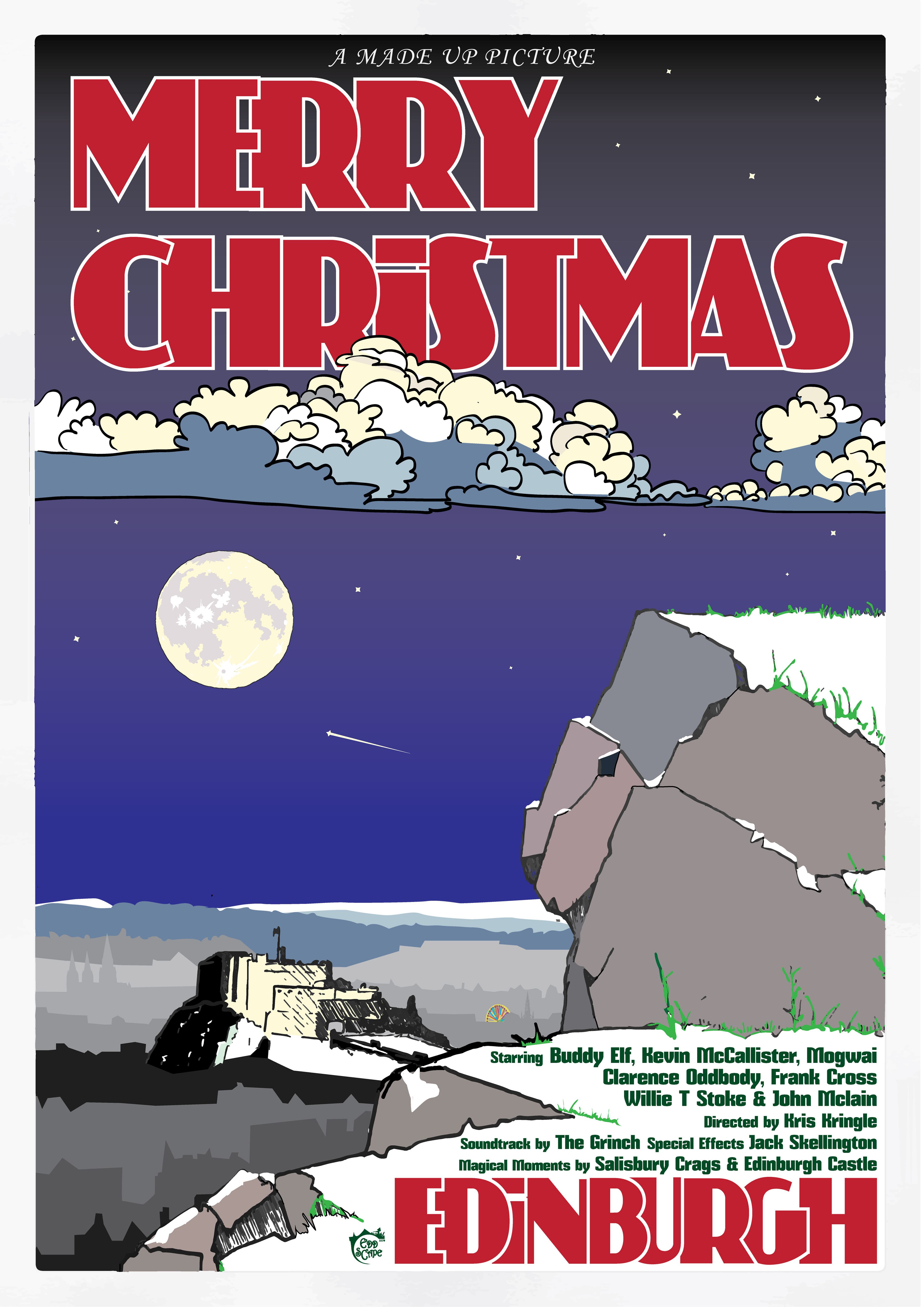 Merry Christmas Edinburgh - Castle & Crags, Edinburgh, Scotland, Movie Poster Art, Giclee Print, Wall Art, made up movies,  pop culture, local history, landmarks