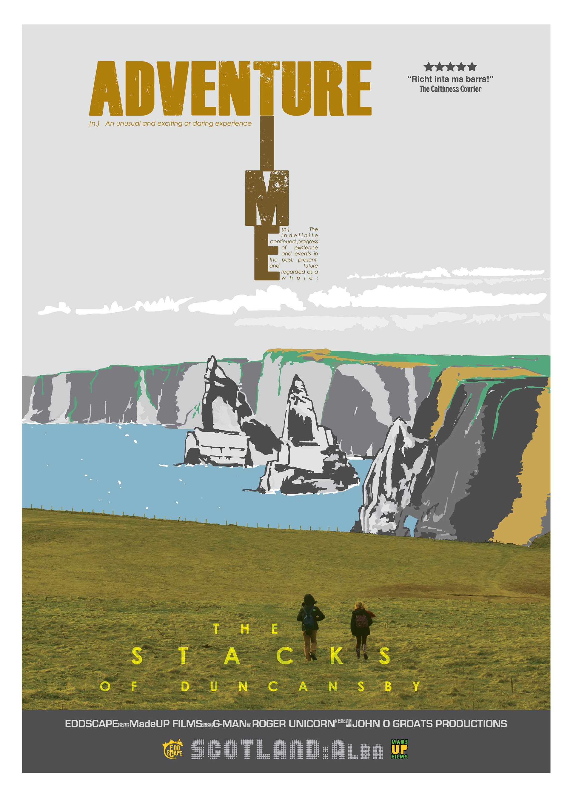 Adventure Time - The Stacks of Duncansby, John O Groats, Scotland, Movie Poster Art, Giclee Print, Wall Art, made up movies,  pop culture, local history, landmarks, Caithness