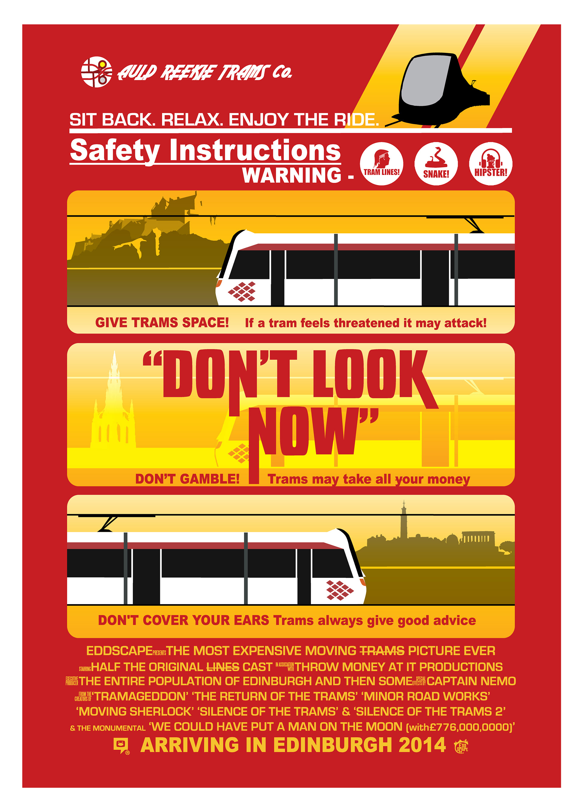 Don't Look Now - Edinburgh Trams, Edinburgh, Scotland, Movie Poster Art, Giclee Print, Wall Art, made up movies, pop culture, local history, landmarks
