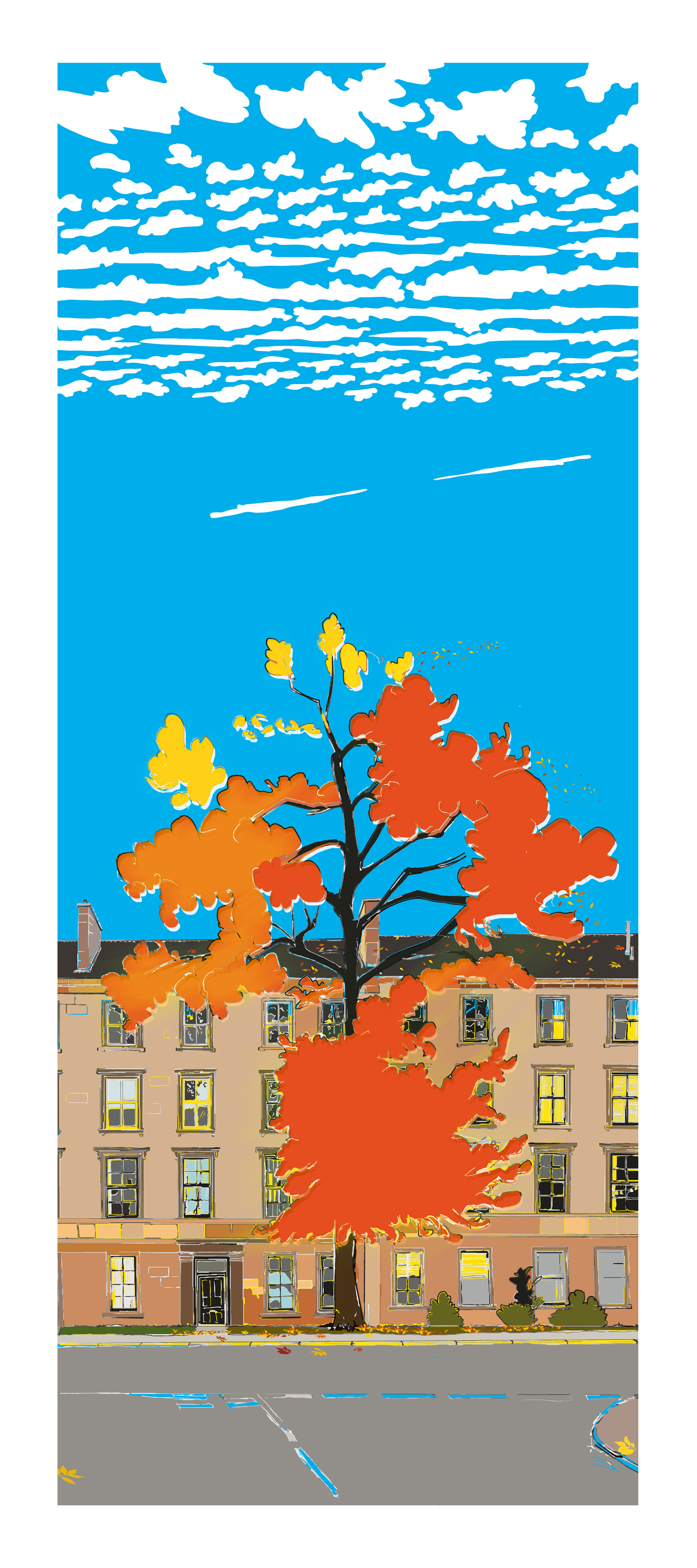 Autumn Argyle St - Glasgow, Scotland. Mixed-media wall art print. Eddscape Creates, panorama, Cityscape, ash tree, tennements 