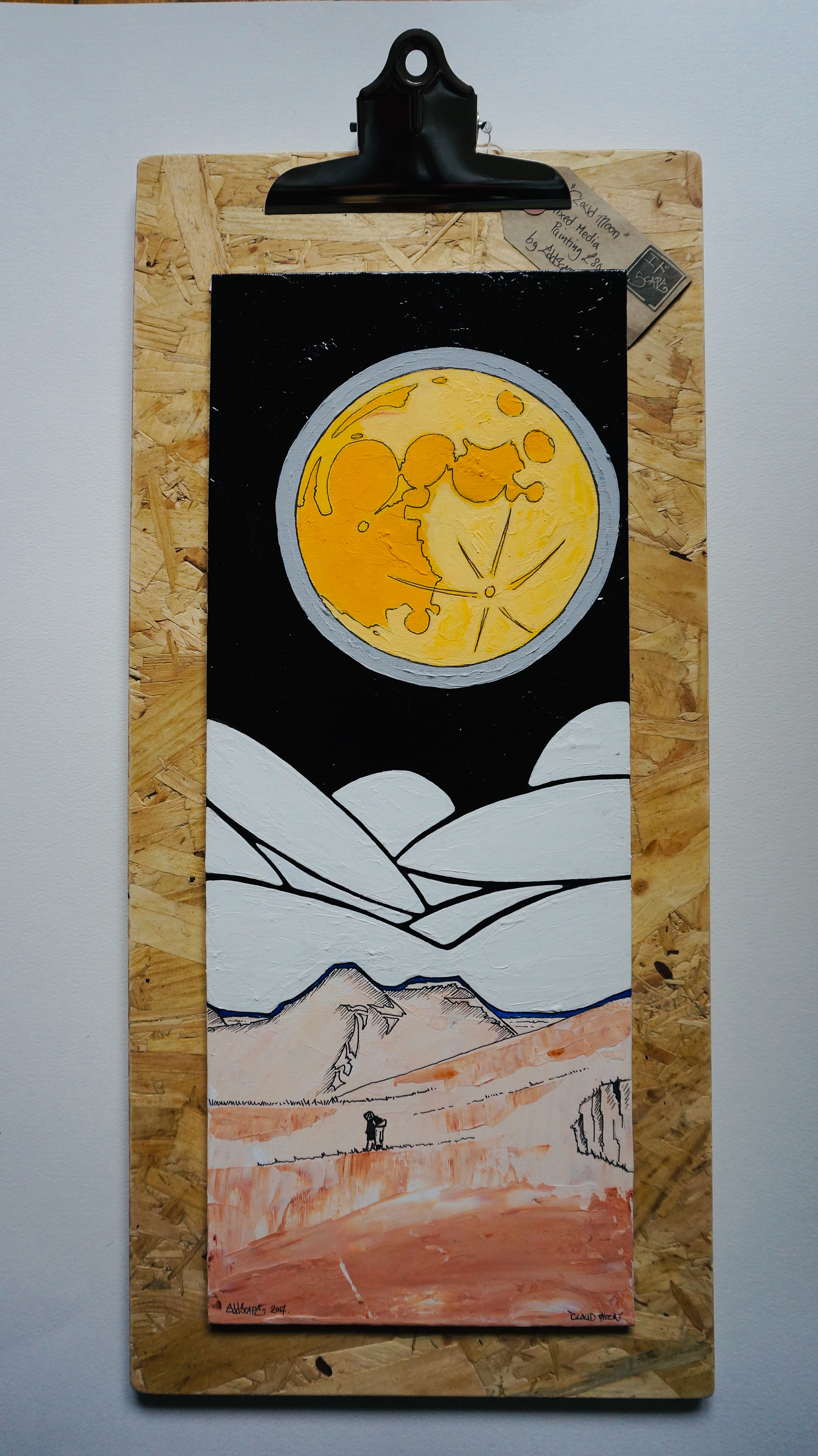 Cloud Moon - Holyrood Park, Edinburgh, Mixed media paintings on canvas board, Scotland, Gloss Paint, texture, pen drawing