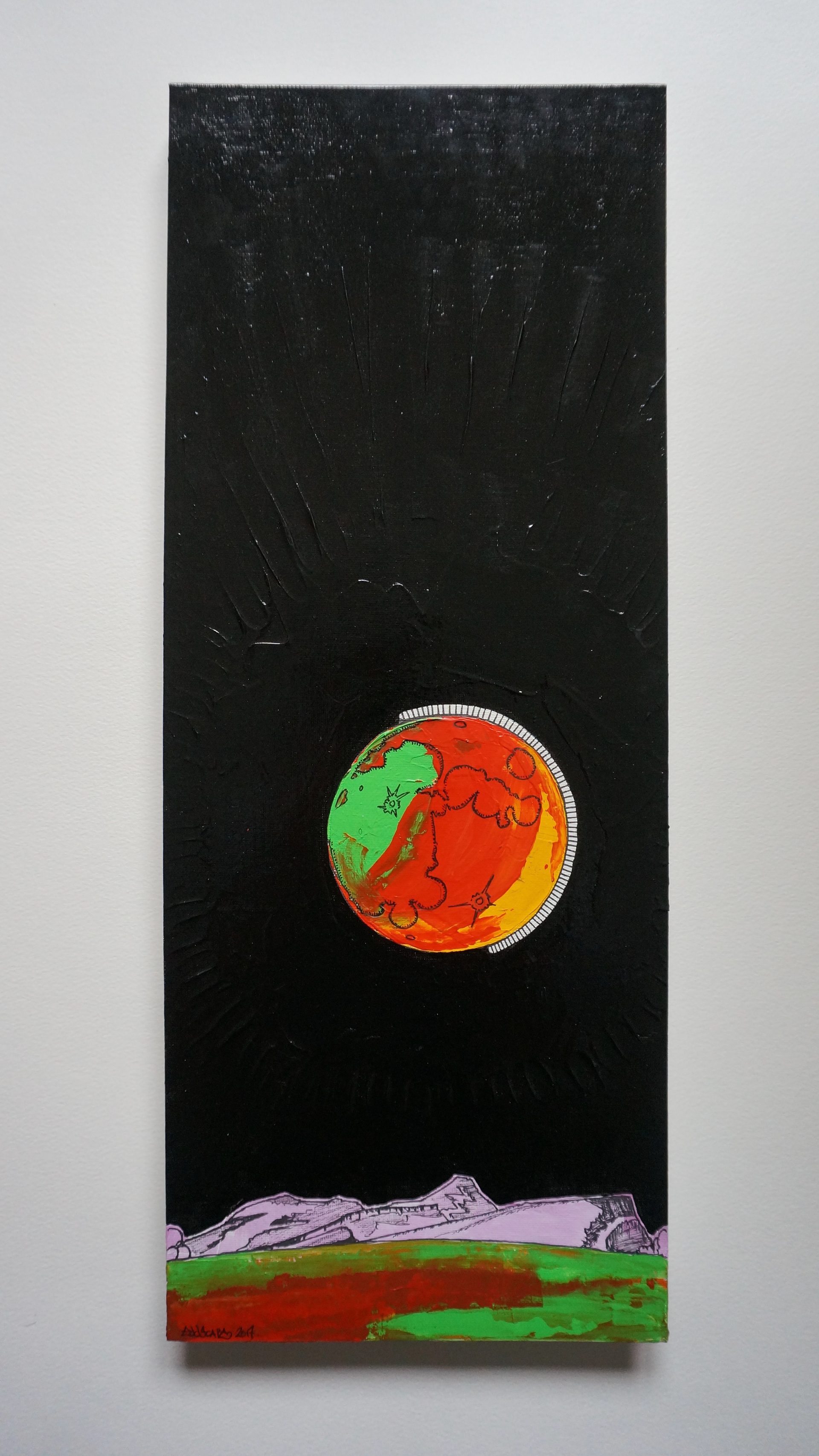 Fruit Moon - Holyrood Park, Edinburgh, Mixed media paintings on canvas board, Scotland, Gloss Paint, texture, pen drawing