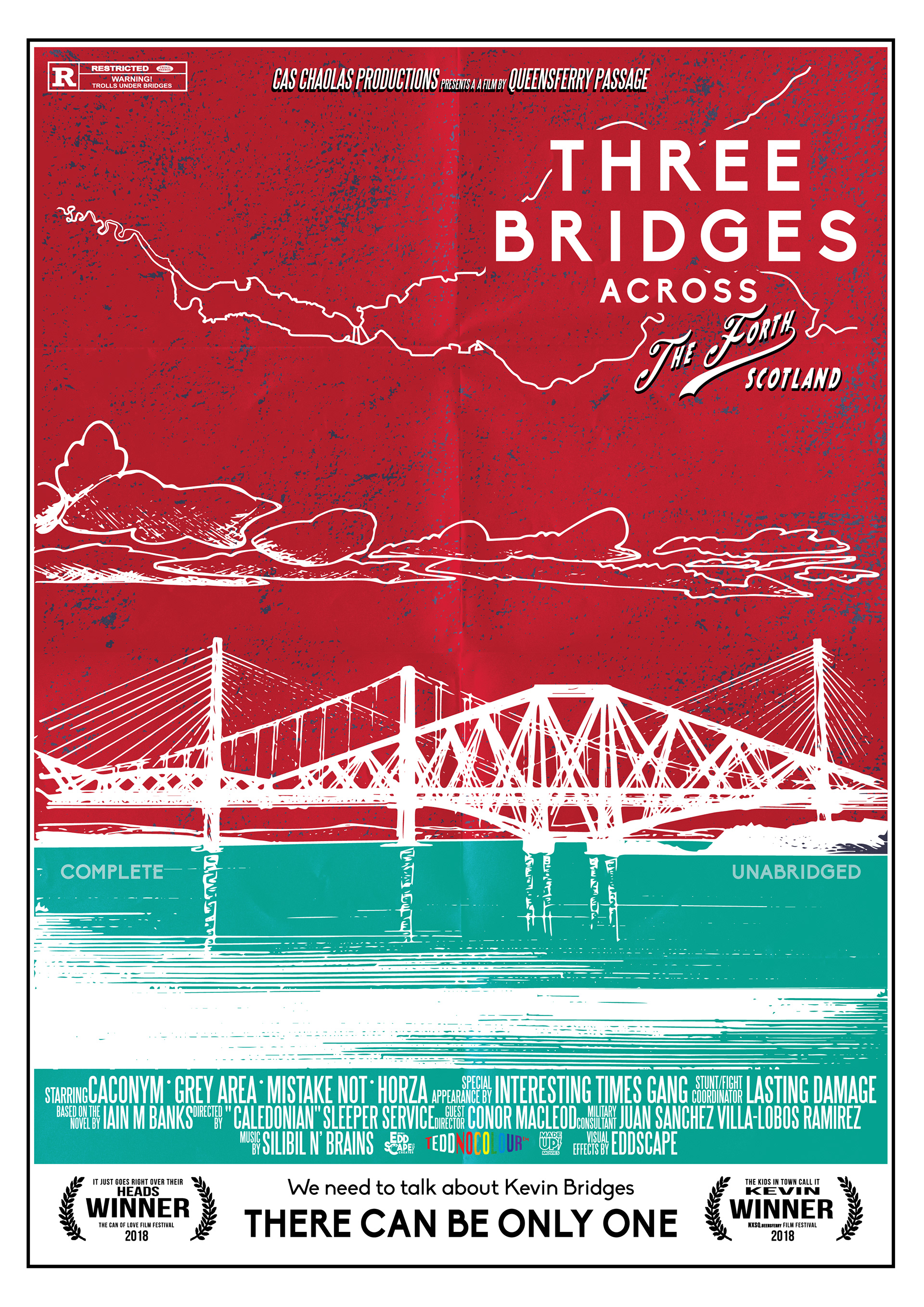 Three Bridges Across The Forth - The Forth Bridges,  Edinburgh, Scotland, Movie Poster Art, Giclee Print, Wall Art, made up movies,  pop culture, local history, landmarks