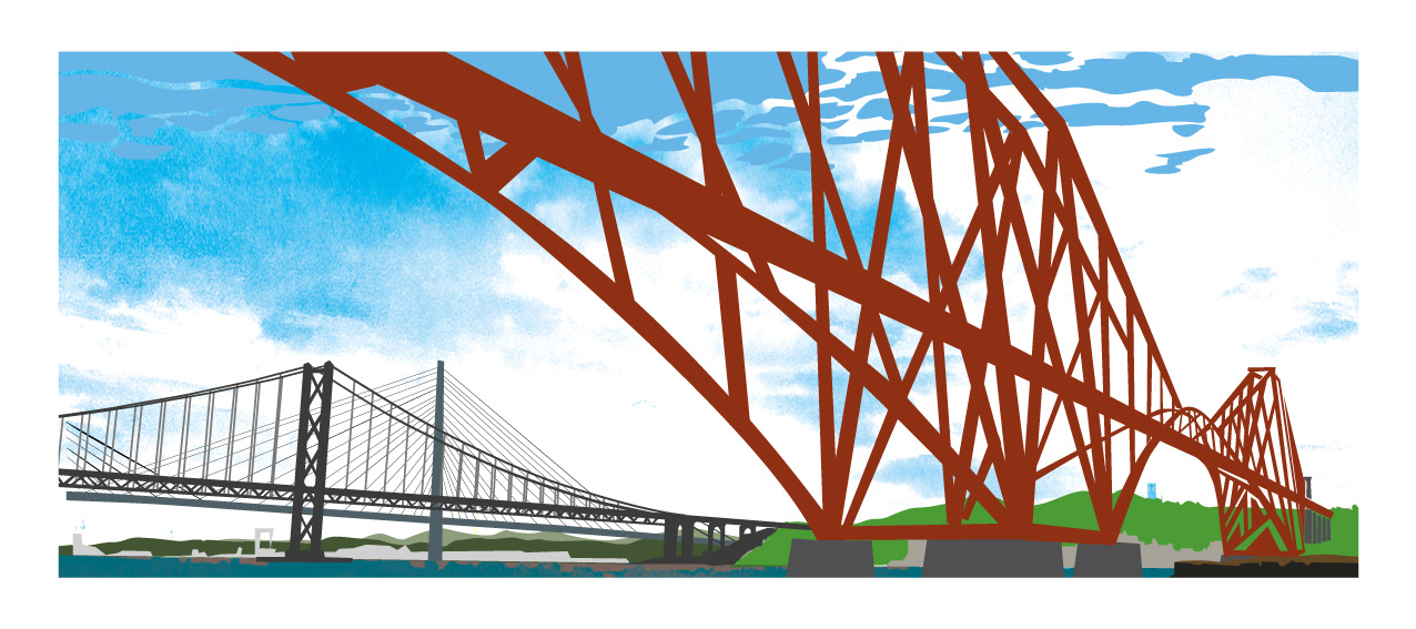 The Forth Bridges -  South Queensferry, Scotland. Mixed-media wall art print. Eddscape Creates, panorama, landscape, the forth, Queensferry Crossing, The Forth Road Bridge