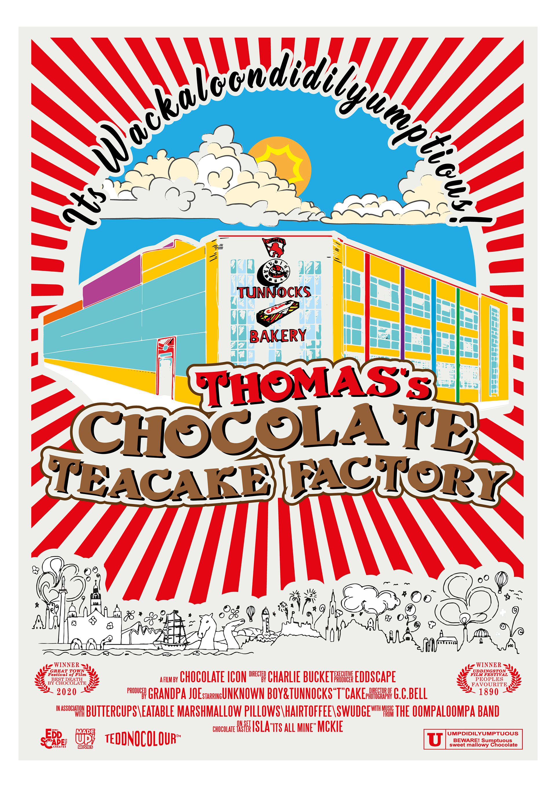 Thomas's Chocolate Teacake Factory -  Tunnocks Factory, Uddingston, Scotland, Movie Poster Art, Giclee Print, Wall Art, made up movies,  pop culture, local history, landmarks, willy Wonka
