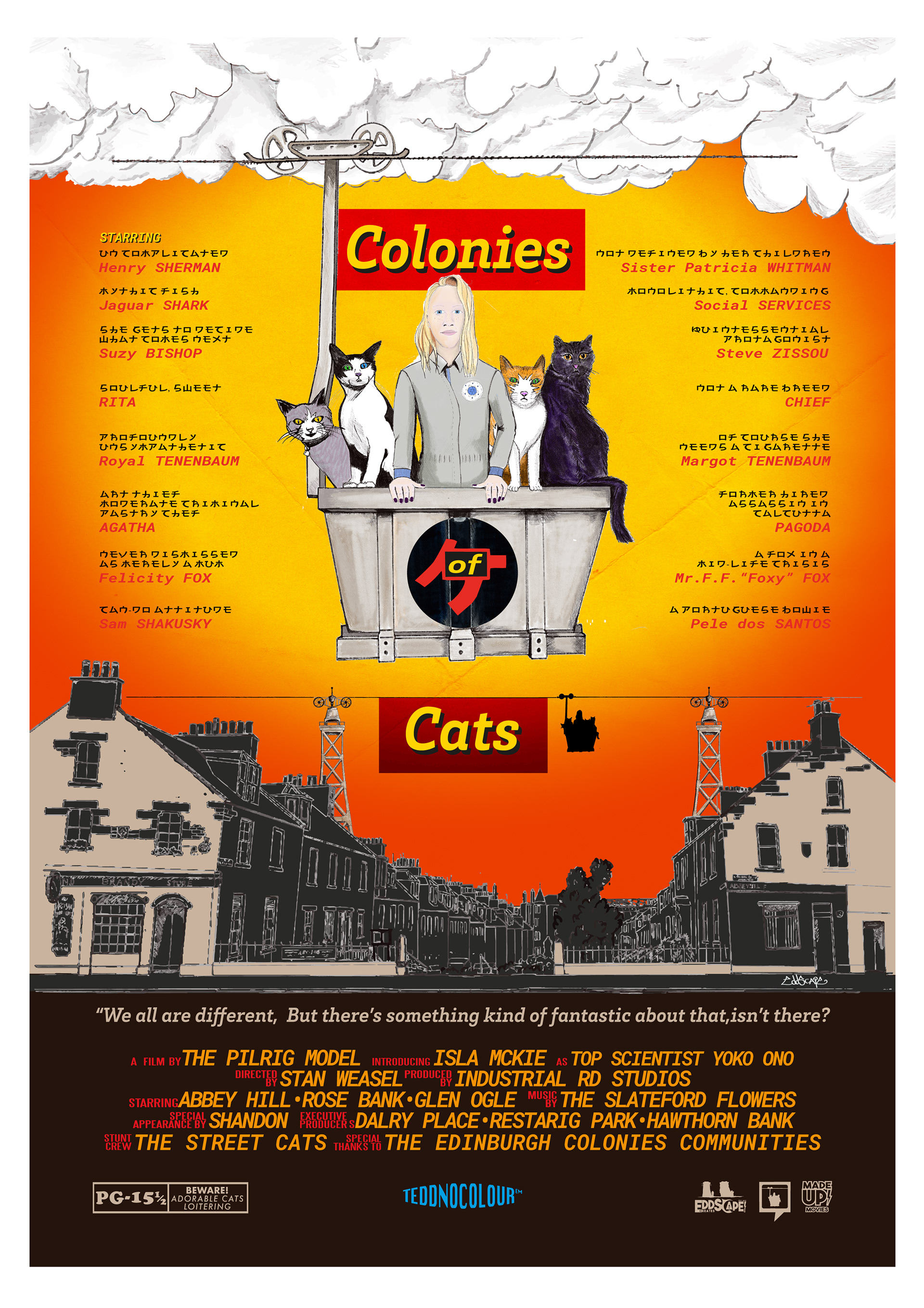 Colonies of Cats, Abbeyhill, Edinburgh, Scotland, Movie Poster Art, Giclee Print, Wall Art, made up movies, pop culture, local history , Wes Anderson, cats