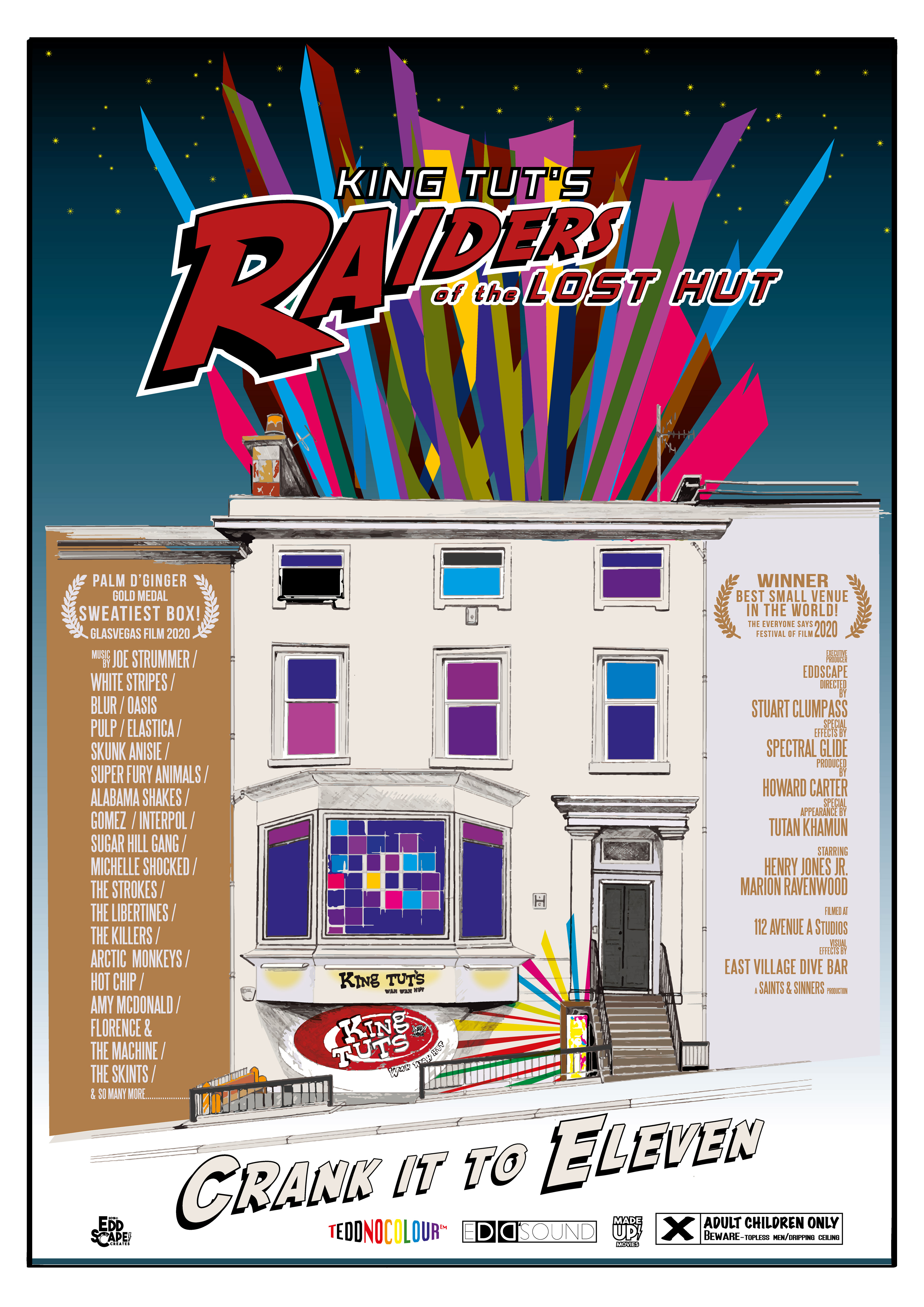 Raiders Of The Lost Hut - King Tuts Wah Was Hut, glasgow, Edinburgh, Scotland, Movie Poster Art, Giclee Print, Wall Art, made up movies, pop culture, local history, landmarks, Gig venue, Indian Jones, Live music
