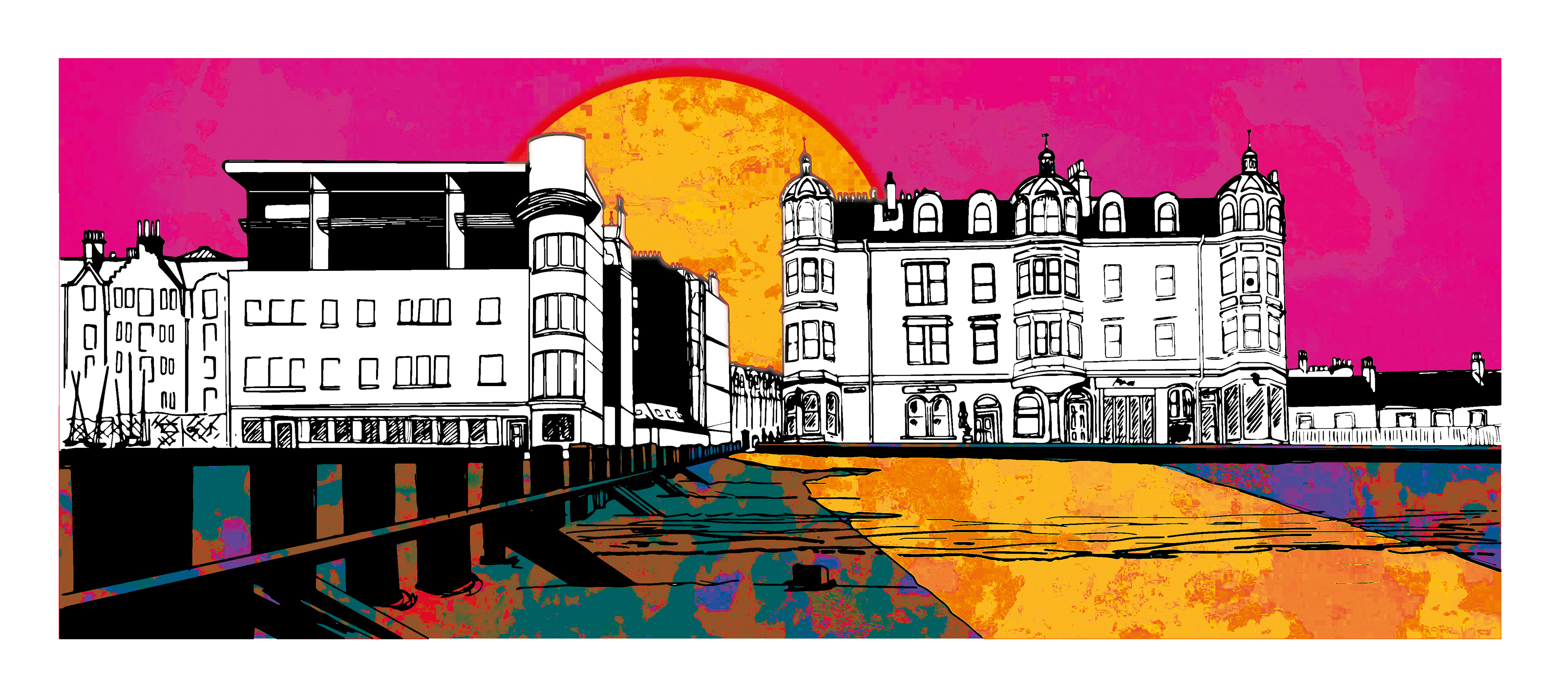 Bath St & Sunset - Portobello, Edinburgh, Scotland. Mixed-media wall art print. Eddscape Creates, panorama, landscape, beach, the espy, sunset, miros, the beach house