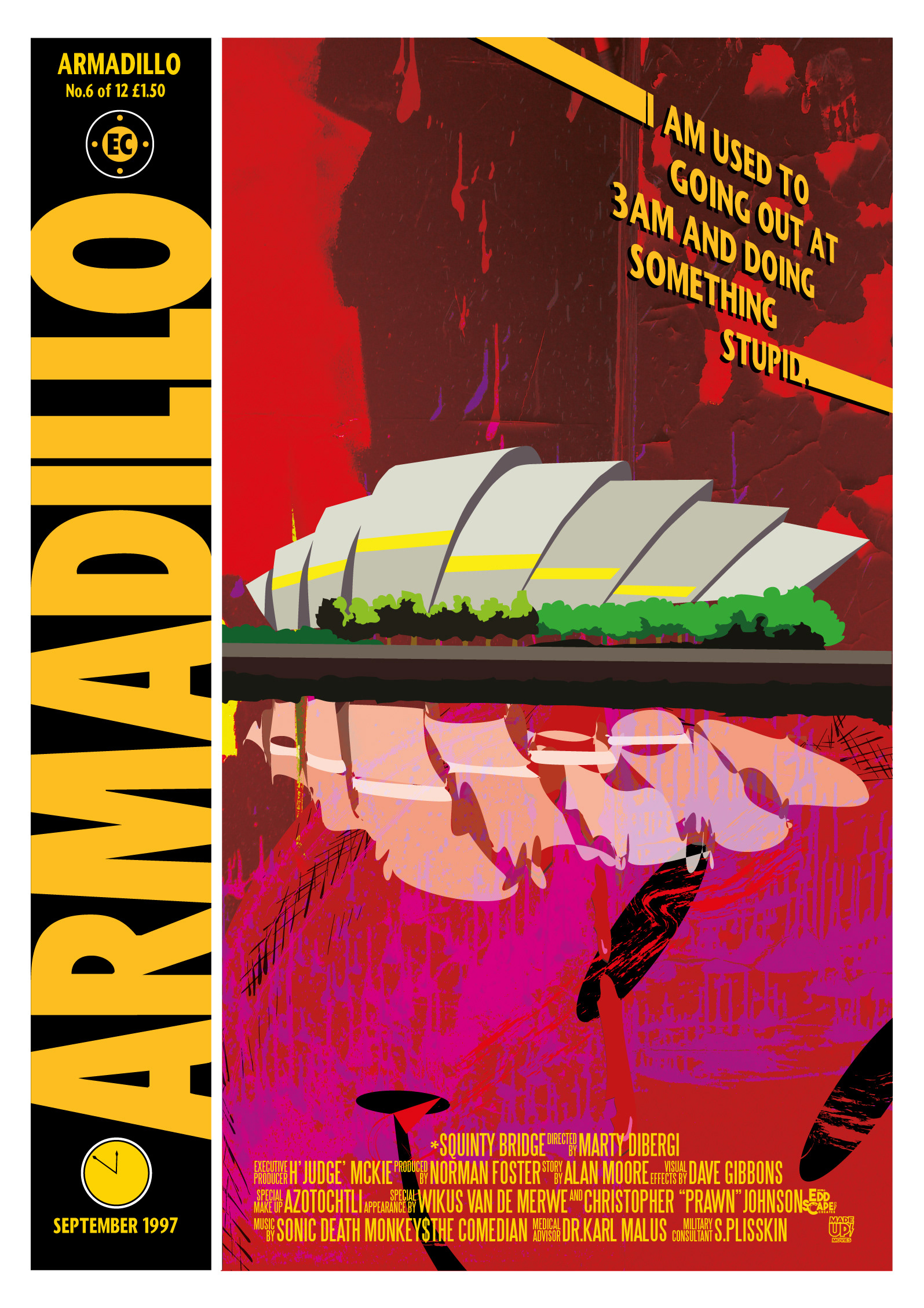 Armadillo - Glasgow, Edinburgh, Scotland, Movie Poster Art, Giclee Print, Wall Art, made up movies, pop culture, local history, landmarks, The Watchmen