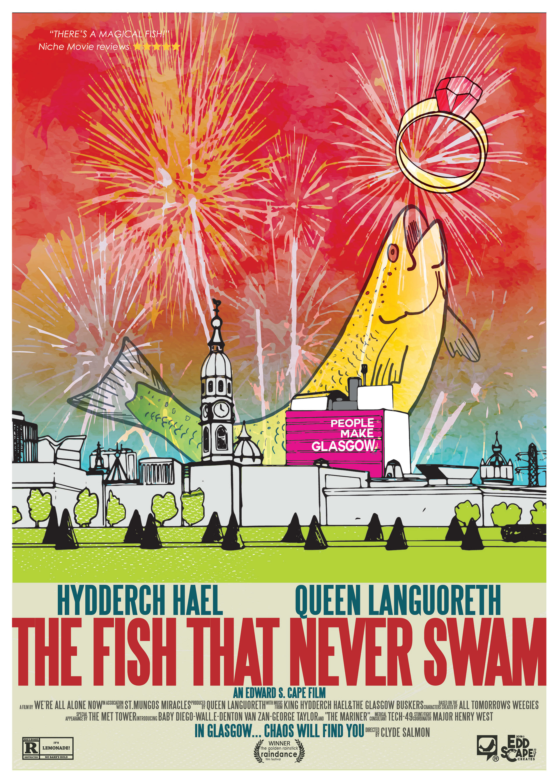 The Fish That Never Swam - The Peoples Park, Glasgow, Edinburgh, Scotland, Movie Poster Art, Giclee Print, Wall Art, made up movies, pop culture, local history, landmarks, salmon, myths