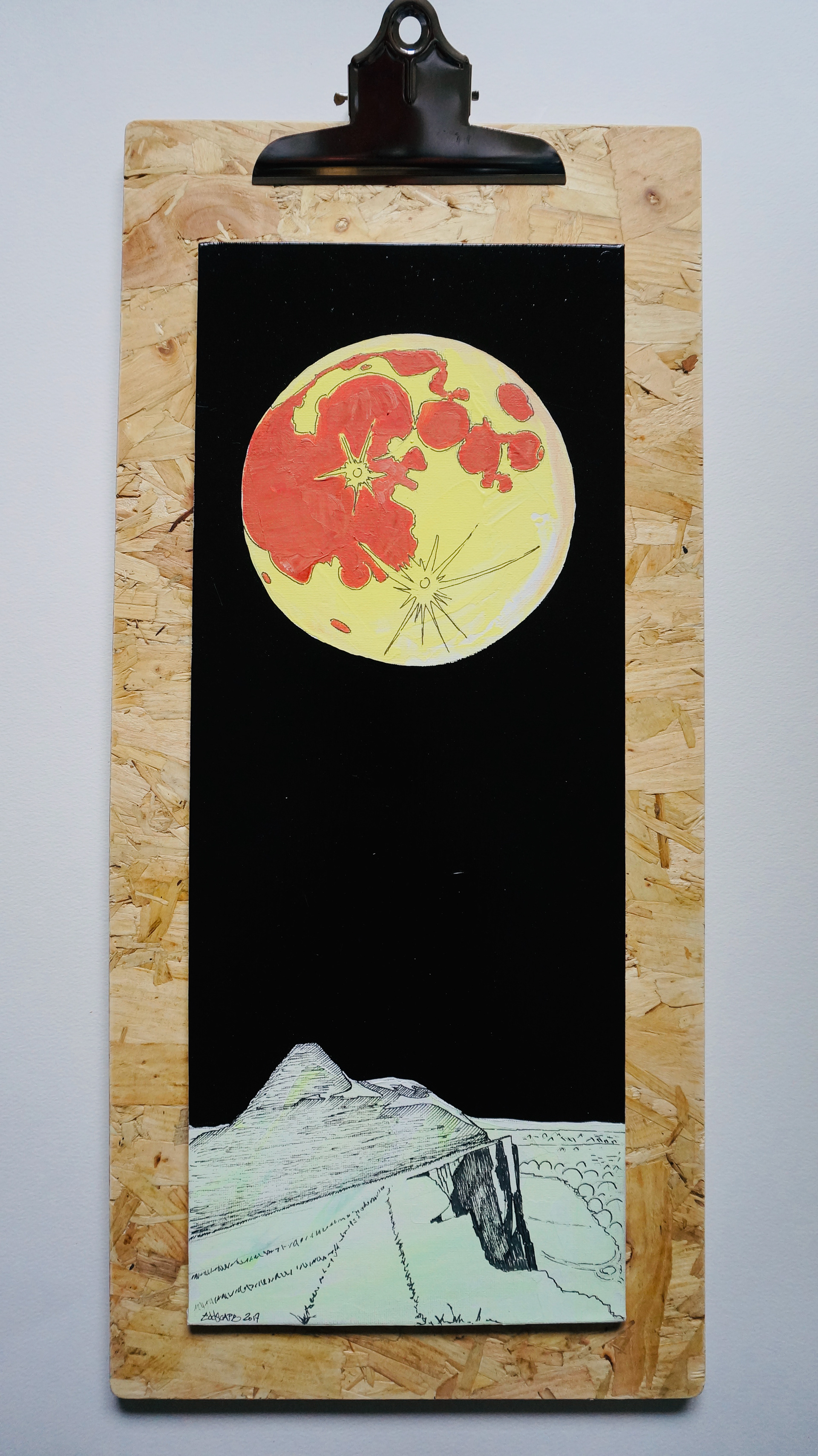 Super Moon On The Crags - Holyrood Park, Edinburgh, Mixed media paintings on canvas board, Scotland, Gloss Paint, texture, pen drawing