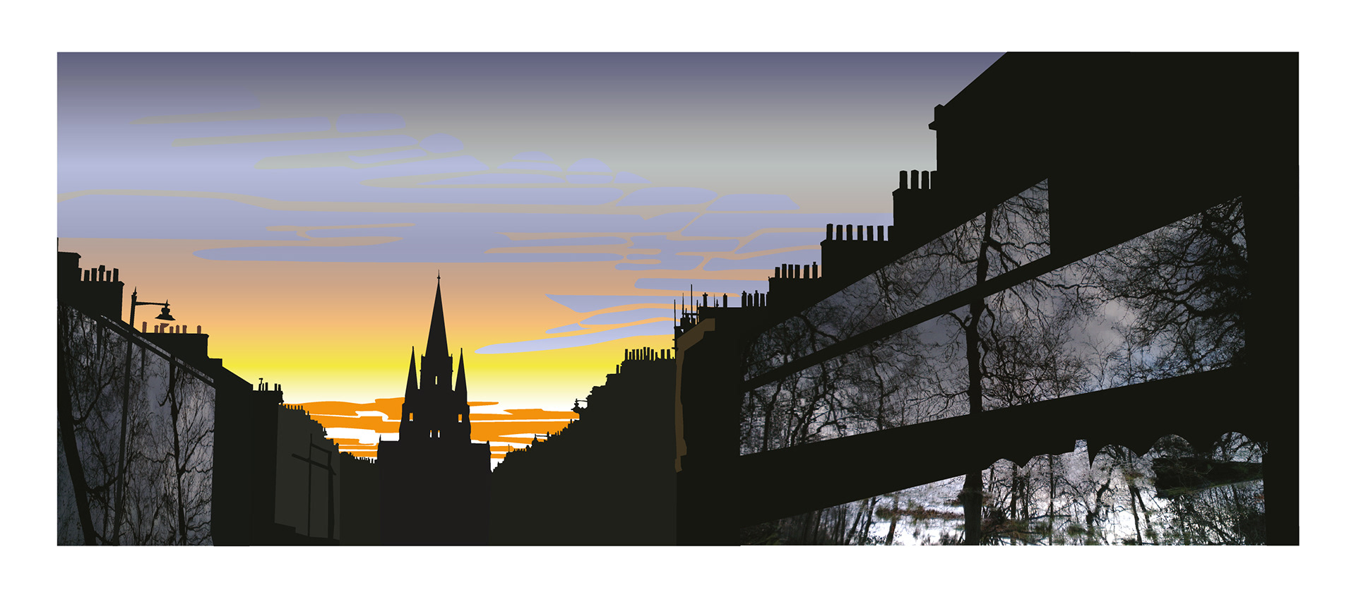 Cathedral Sun - St Mary's, Edinburgh, Scotland. Mixed-media wall art print. Eddscape Creates, panorama, cityscape, Melville st, Westend, sunset