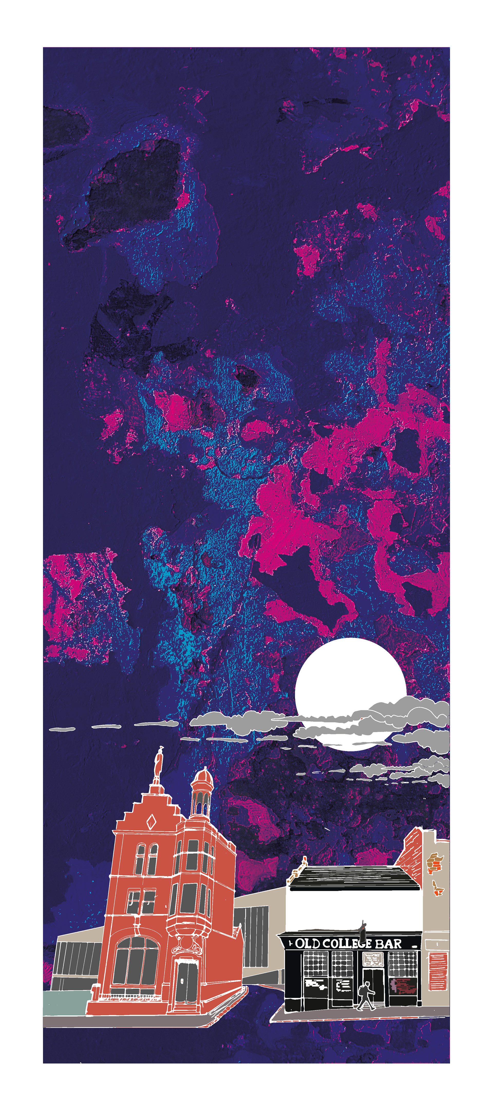 Old College Bar & Moon - Glasgow, Scotland. Mixed-media wall art print. Eddscape Creates, Vertorama, Cityscape