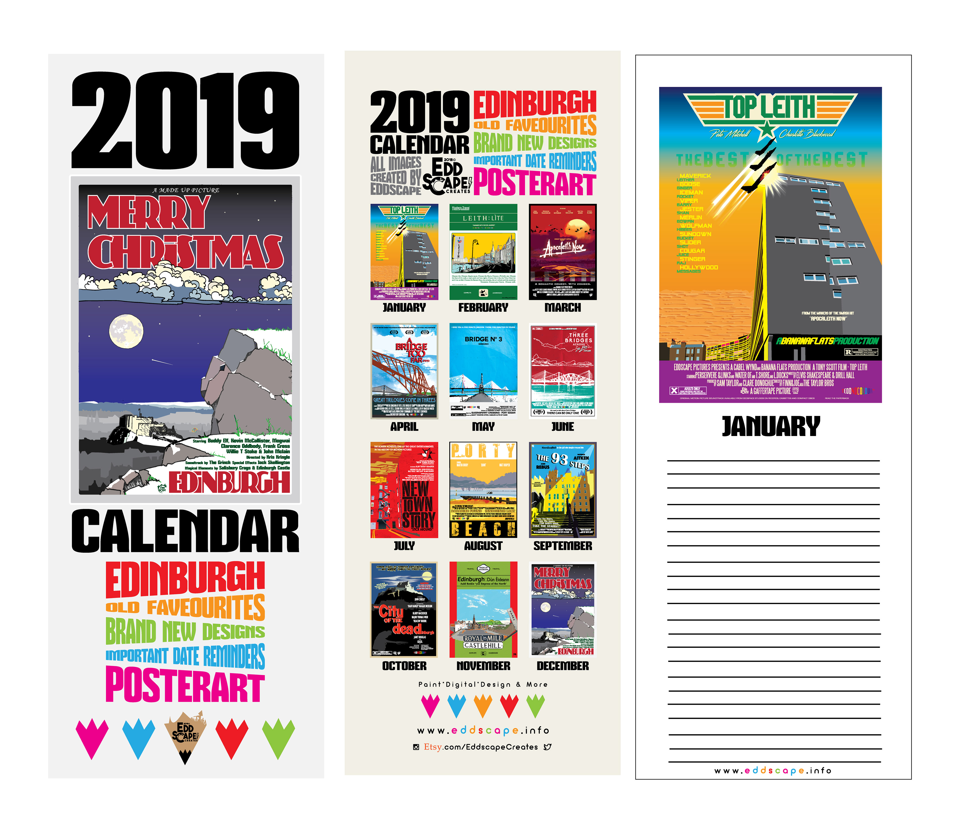 Eddscape Merchandise, annual calendar, poster art, edinburgh, glasgow, Scotland