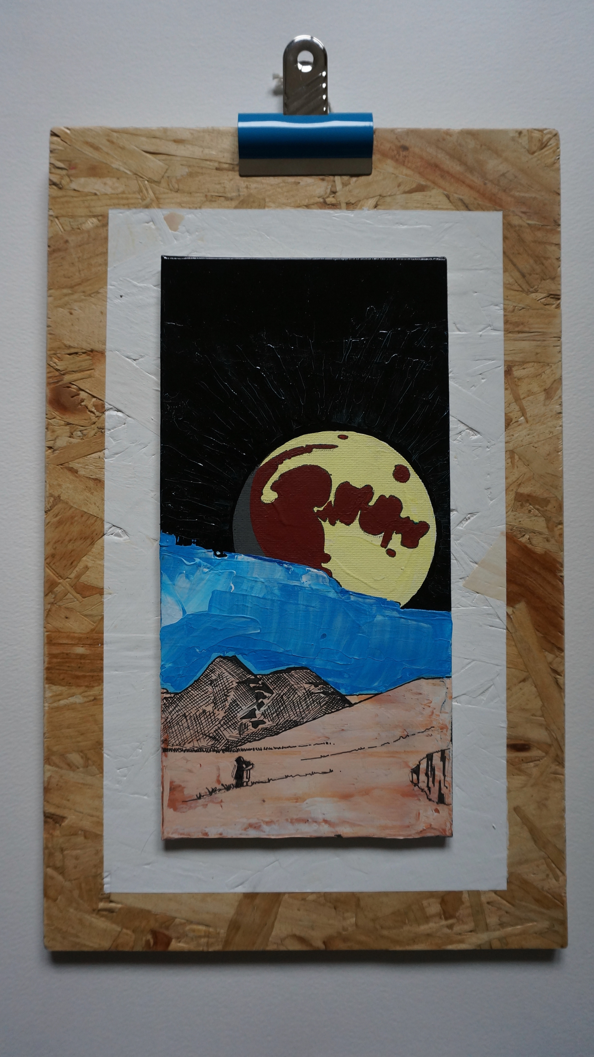 Blue Storm Moon - Holyrood Park, Edinburgh, Mixed media paintings on canvas board, Scotland, Gloss Paint, texture, pen drawing