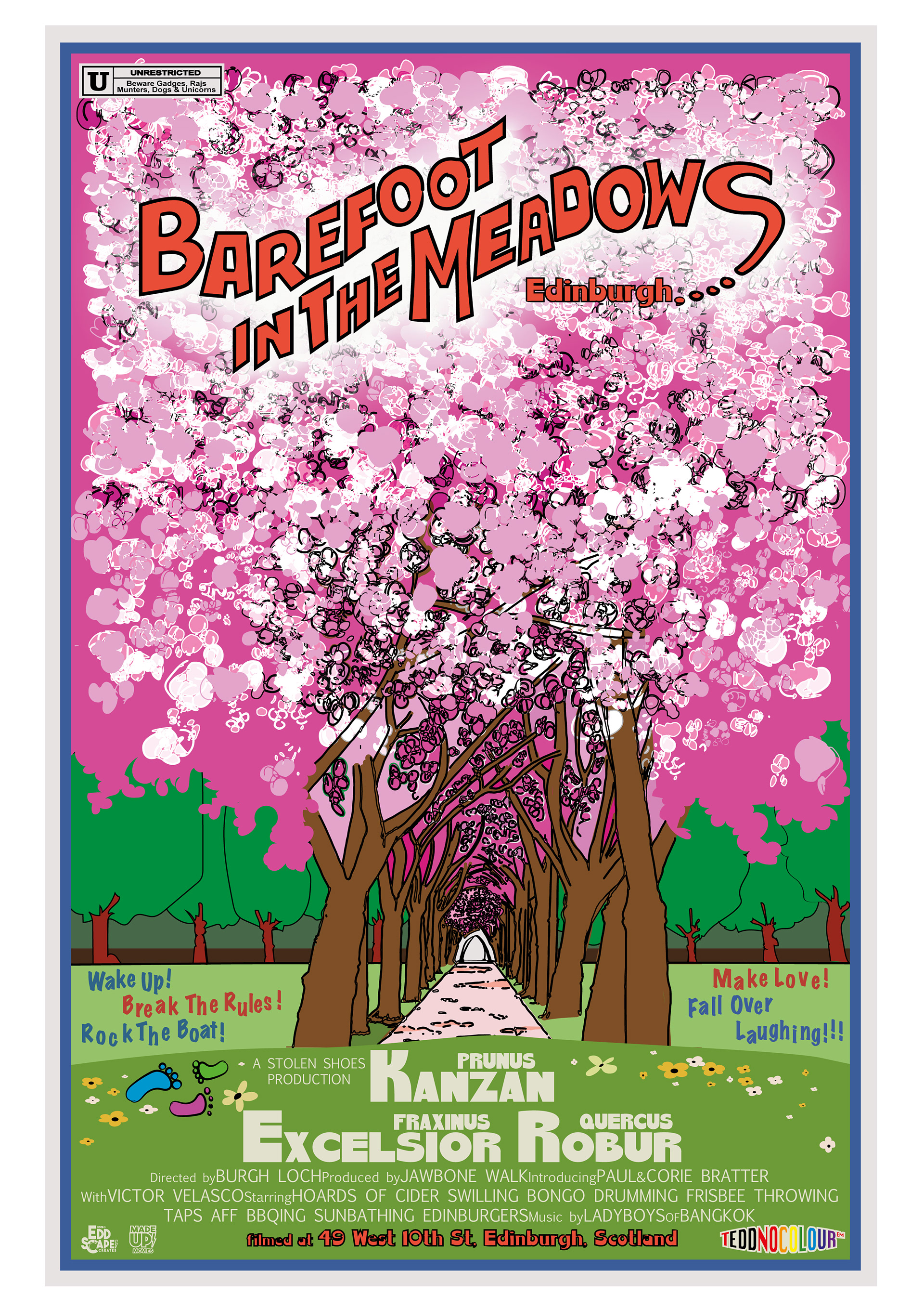 Barefoot In The Meadows - Edinburgh, Scotland, Movie Poster Art, Giclee Print, Wall Art, made up movies, pop culture, local history, landmarks, Cherry Blossoms, city park