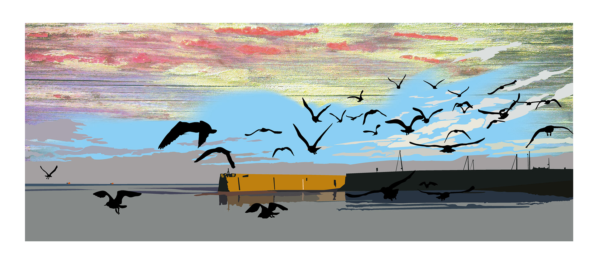 Fisherrow Seagulls - Musselburgh, Scotland. Mixed-media wall art print. Eddscape Creates, panorama, landscape, the forth, old harbour