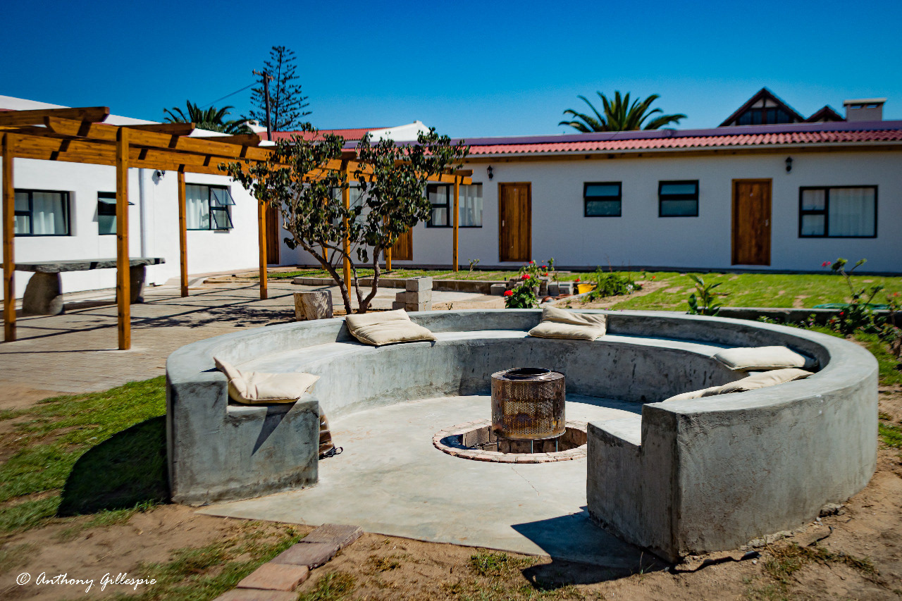 A front view of the Roman Fire Pit in the courtyard.