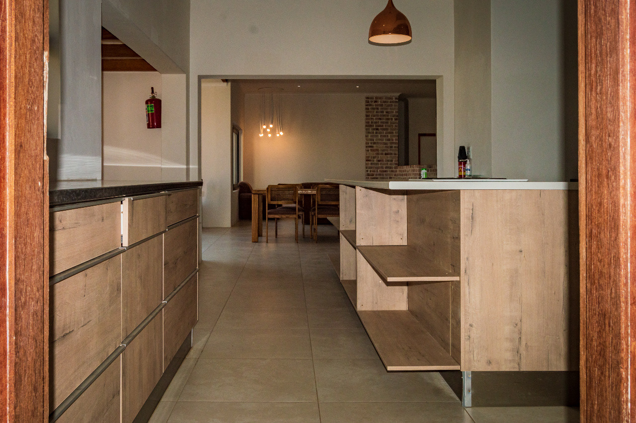 A view of the communal kitchen towards the living areas.